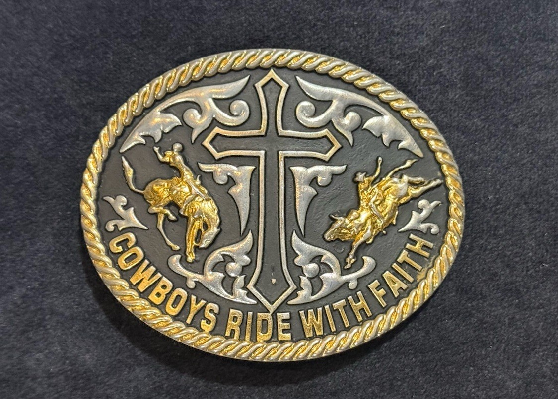 Cowboys Ride With Faith Belt Buckle Multi Tone Cross