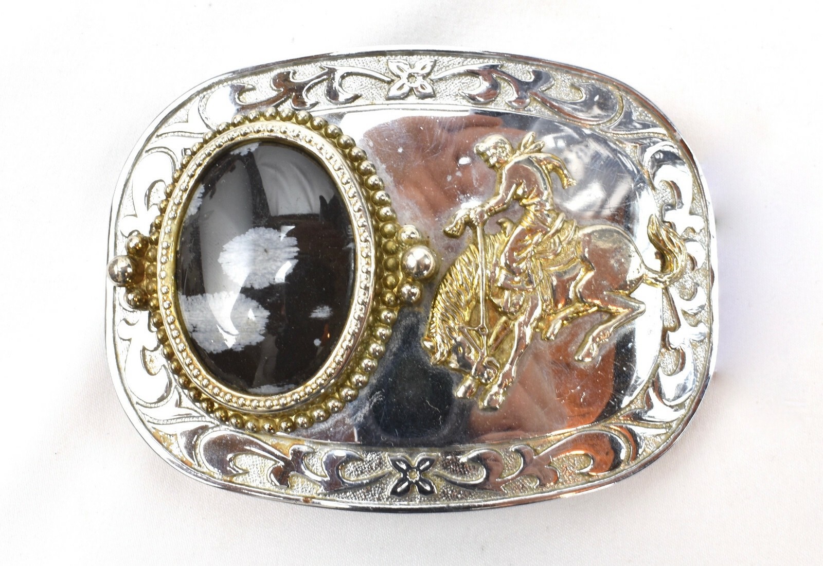 Vtg Polished Stone Belt Buckle Agate Black Gem Western Rodeo Silver w/Gold Tone