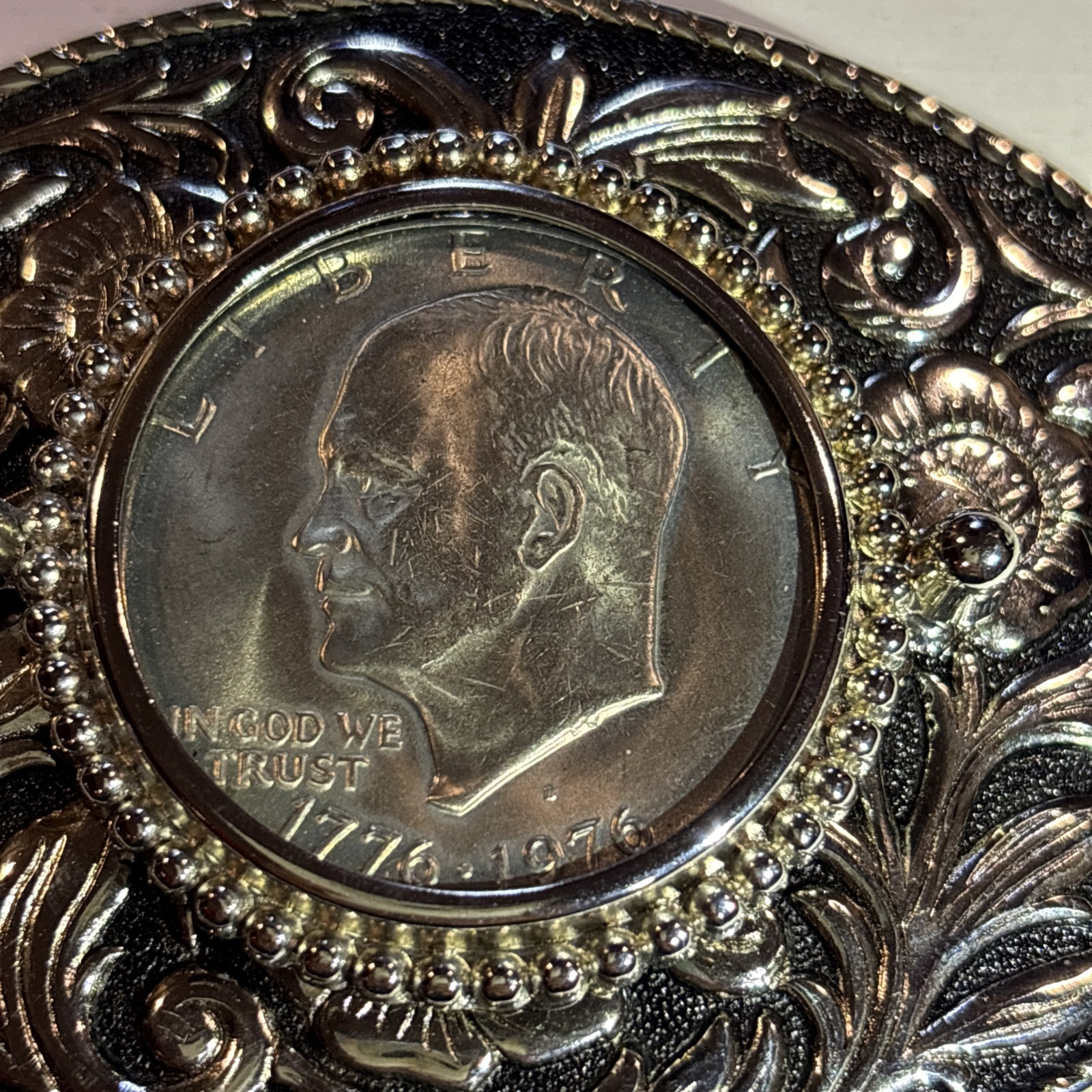 Vintage 1776-1976 Bicentennial Eisenhower Dollar Coin Denver Mint Belt Buckle
