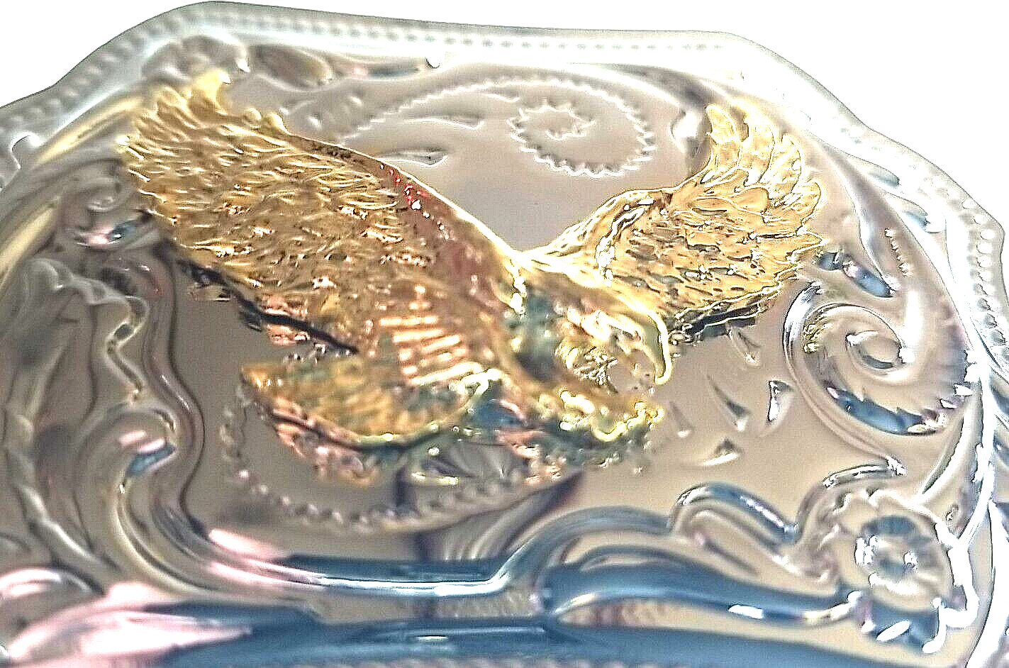 FLYING EAGLE Belt BUCKLE Gold on Silver Rectangular Metal Western/Biker/USA