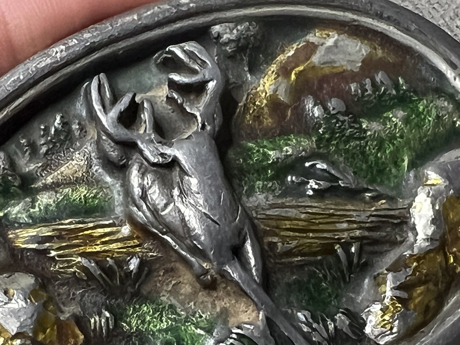 VTG Belt Buckle Bergamot 1983 Deer Buck Hunting Forest Enamel Colors Has Wear