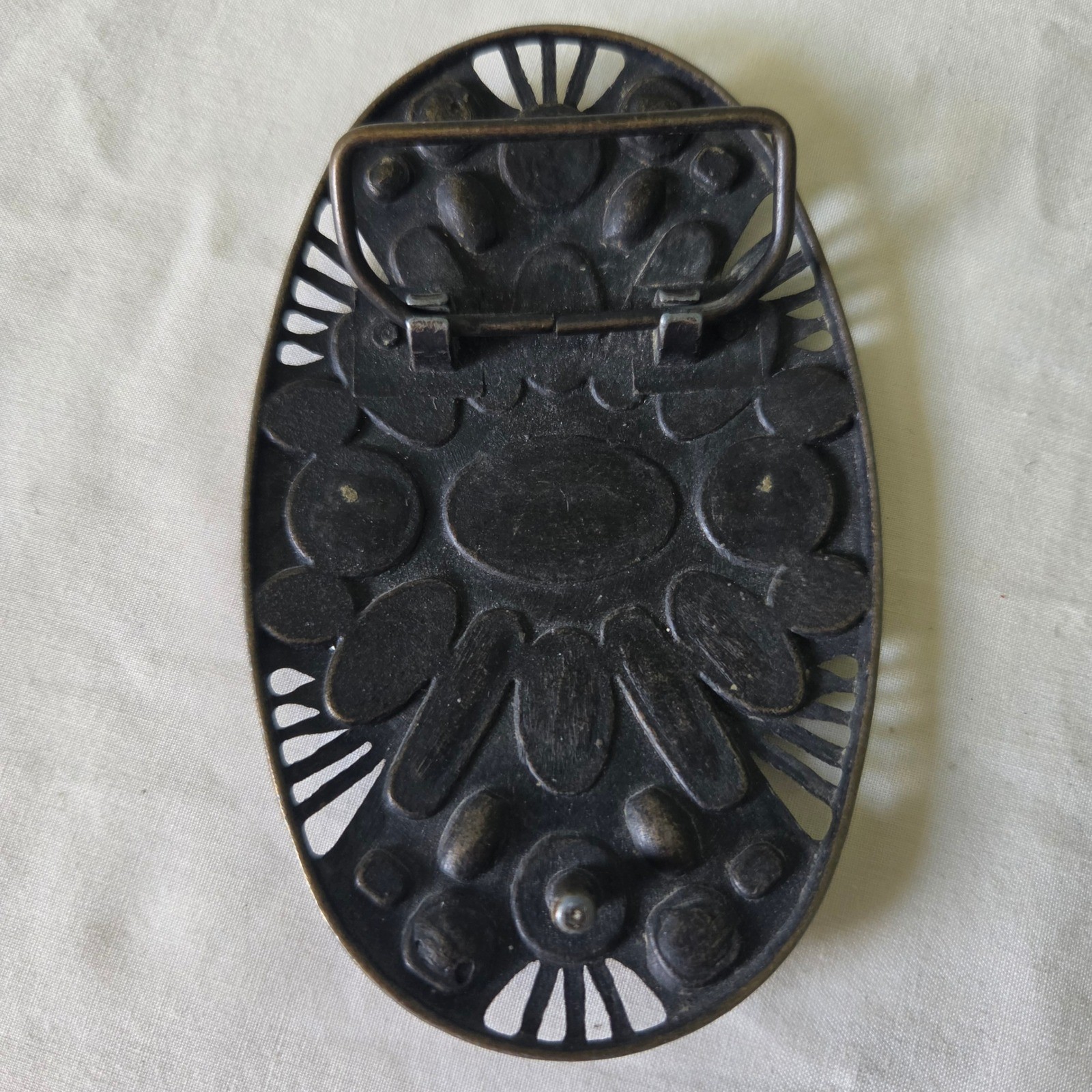 Vintage Boho Enamel Mosaic Oval Belt Buckle Bronze Tone Filigree Western