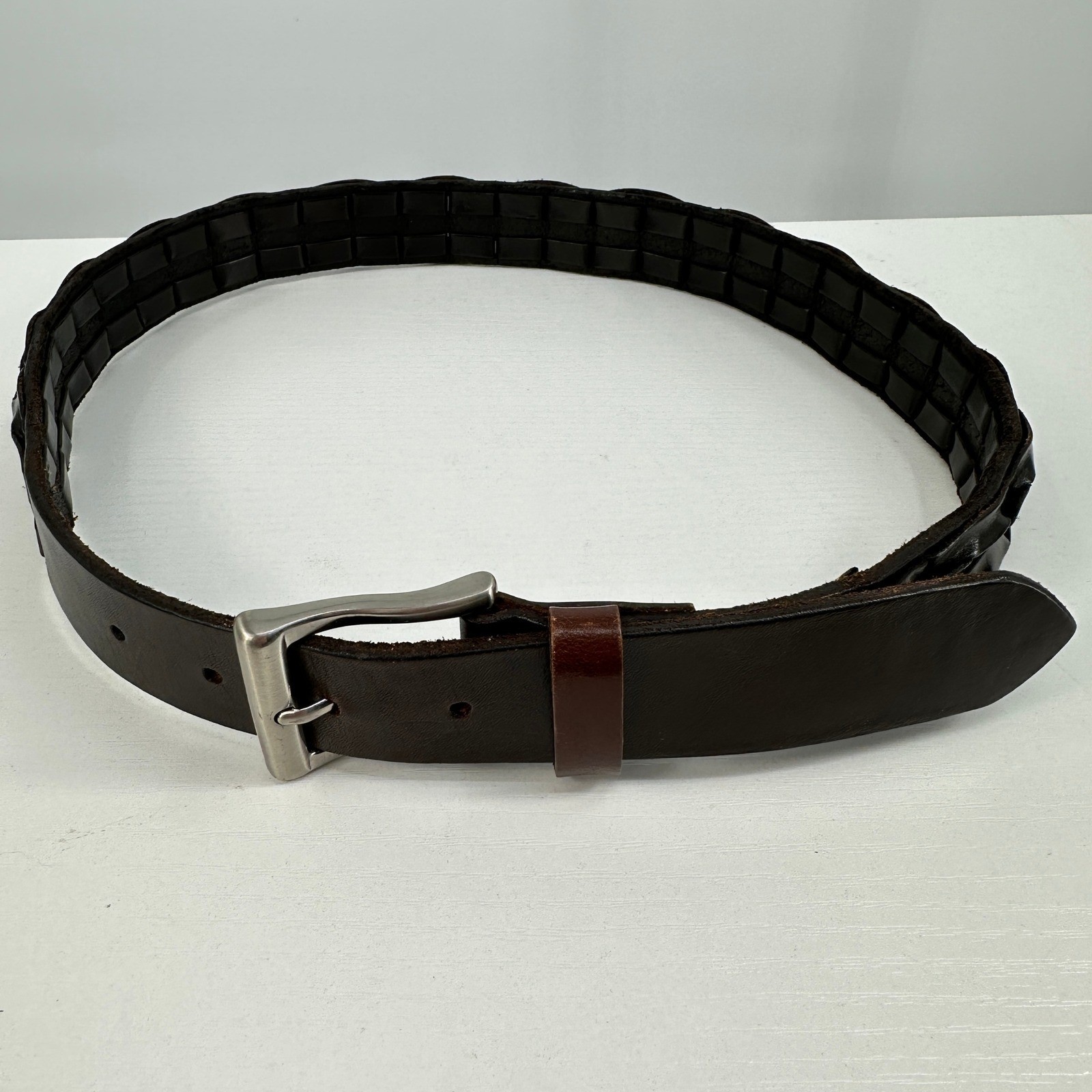VTG 90s Cole Haan Basketweave Leather Belt 30 Brown Woven Overlay Nickel Buckle