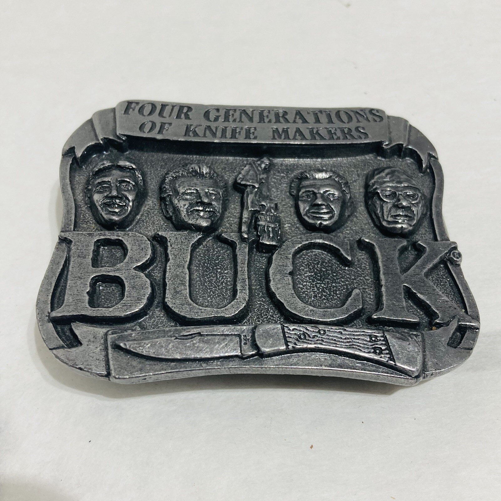 Vintage Pewter Embossed BUCK KNIVES Four Generations Knife Makers Belt Buckle