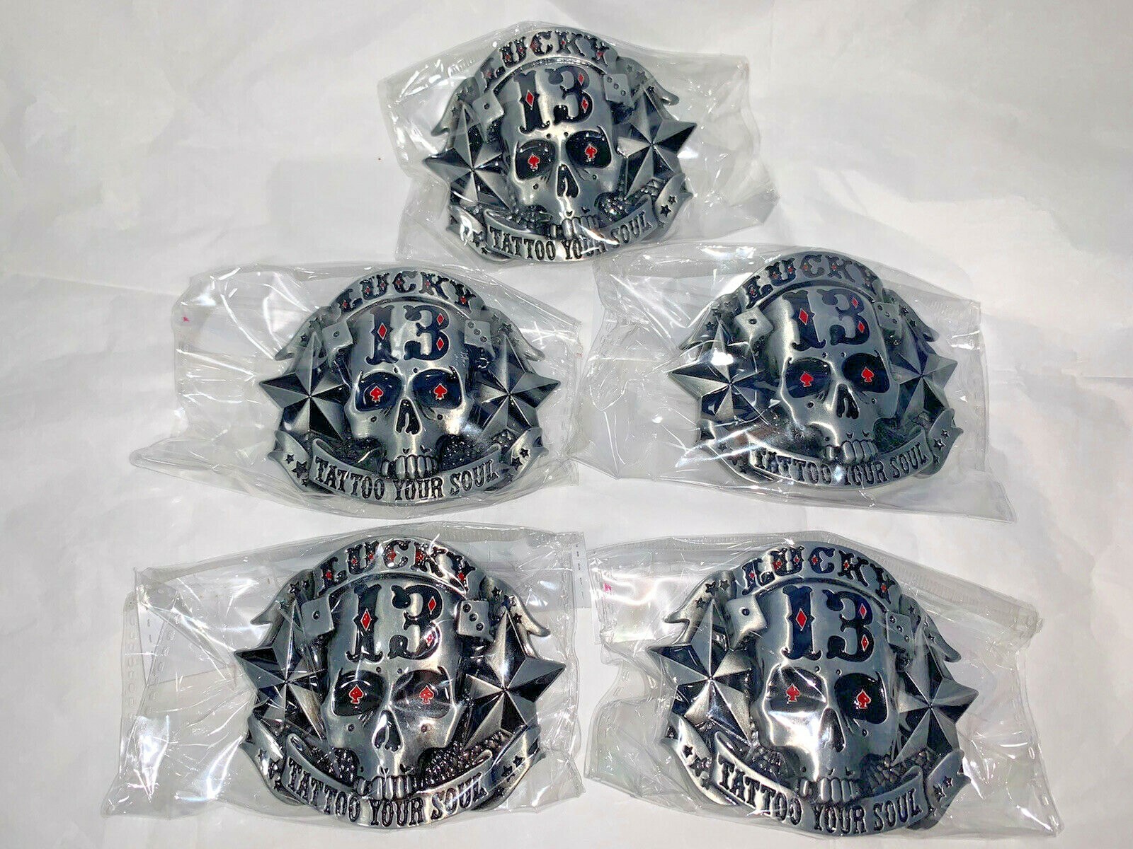 Lucky 13 Tattoo Your Soul Reproduction Skeleton Skull Head Belt Buckle Lot of 5