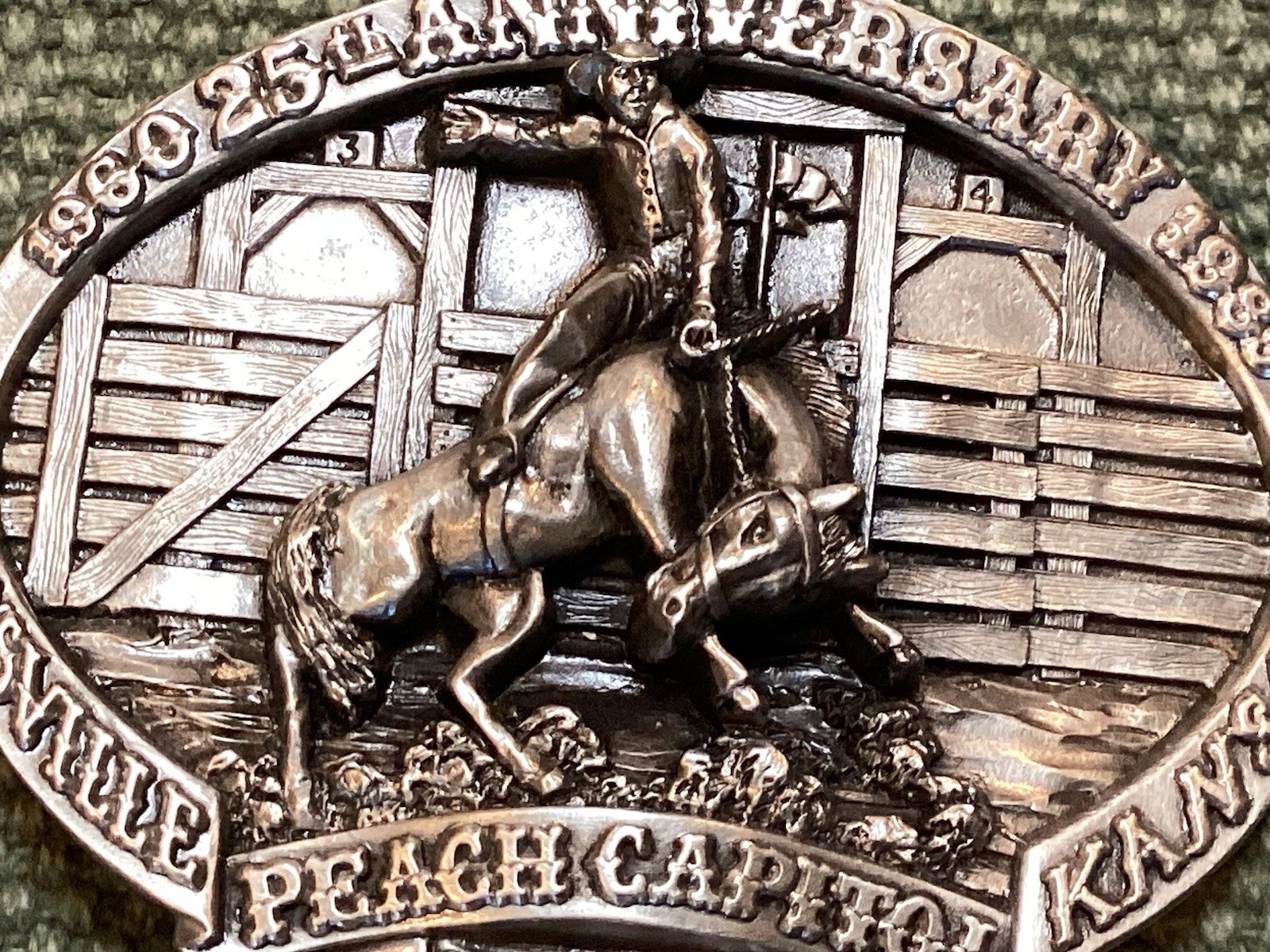 Western Belt Buckle Peach Capitol Rodeo 25th Kansas Rare 3D Cowboy Bronco Chute