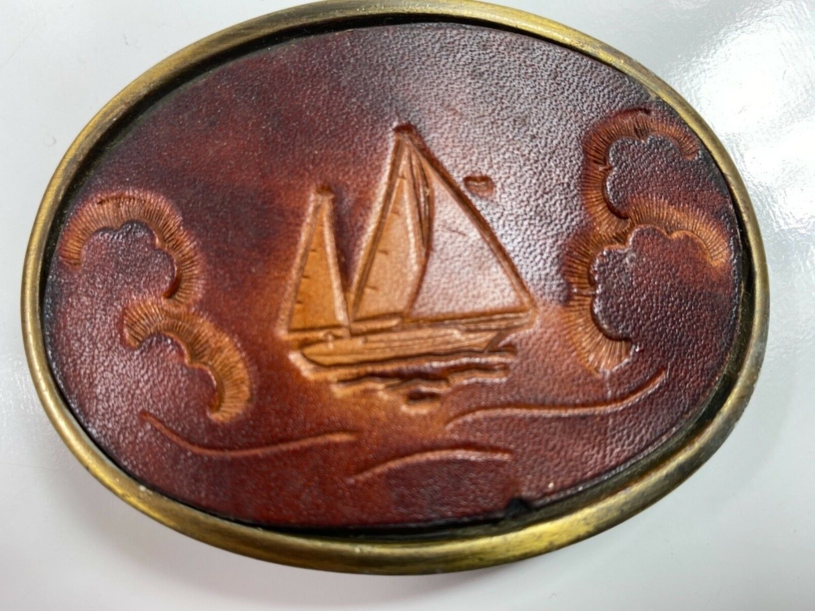 VINTAGE ANTIQUE brass and leather BUCKLE cutter ship sailboat nautical boat