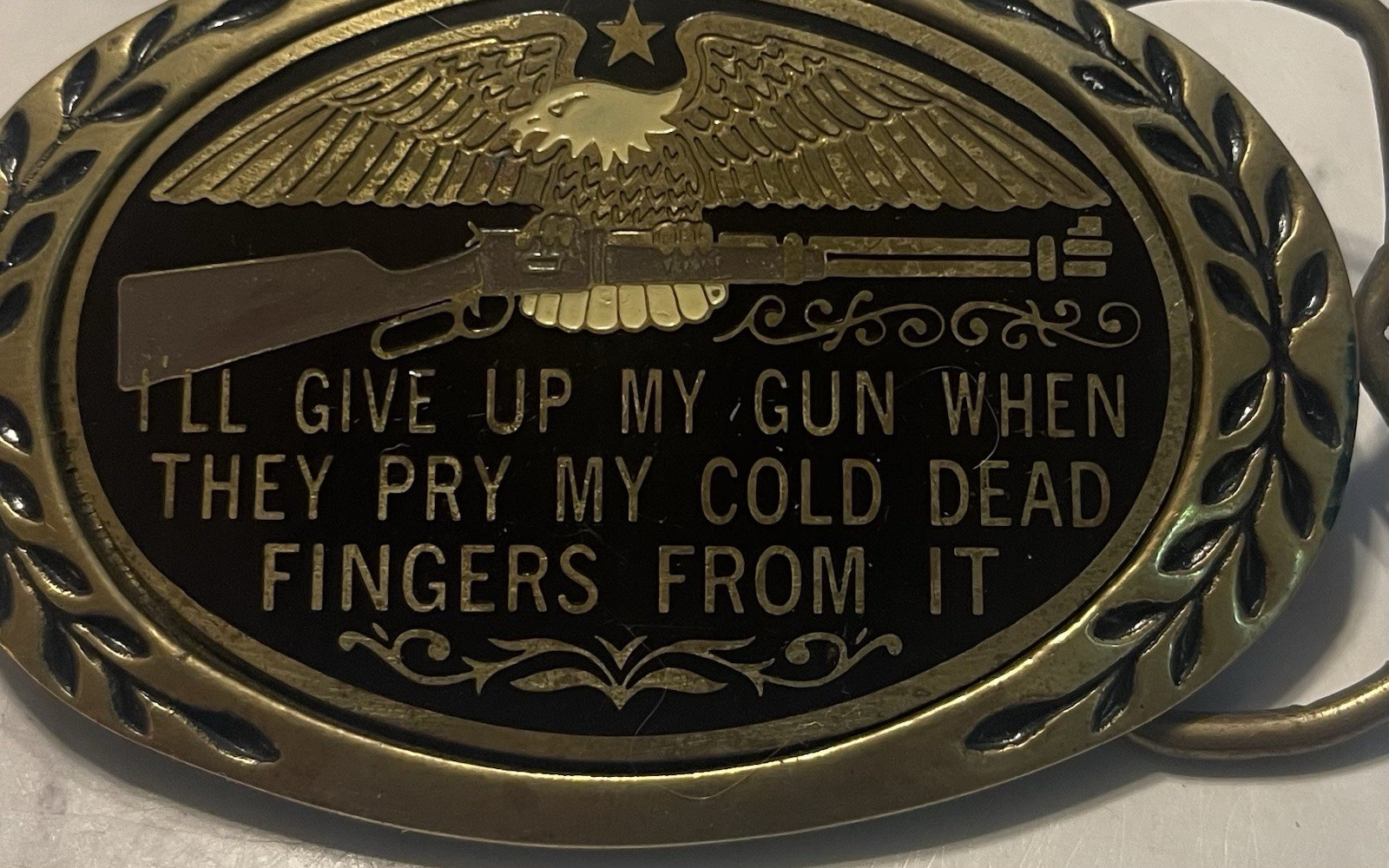 Vintage Aminco 1980 Solid Brass “I’ll Give Up My Gun…” Belt Buckle
