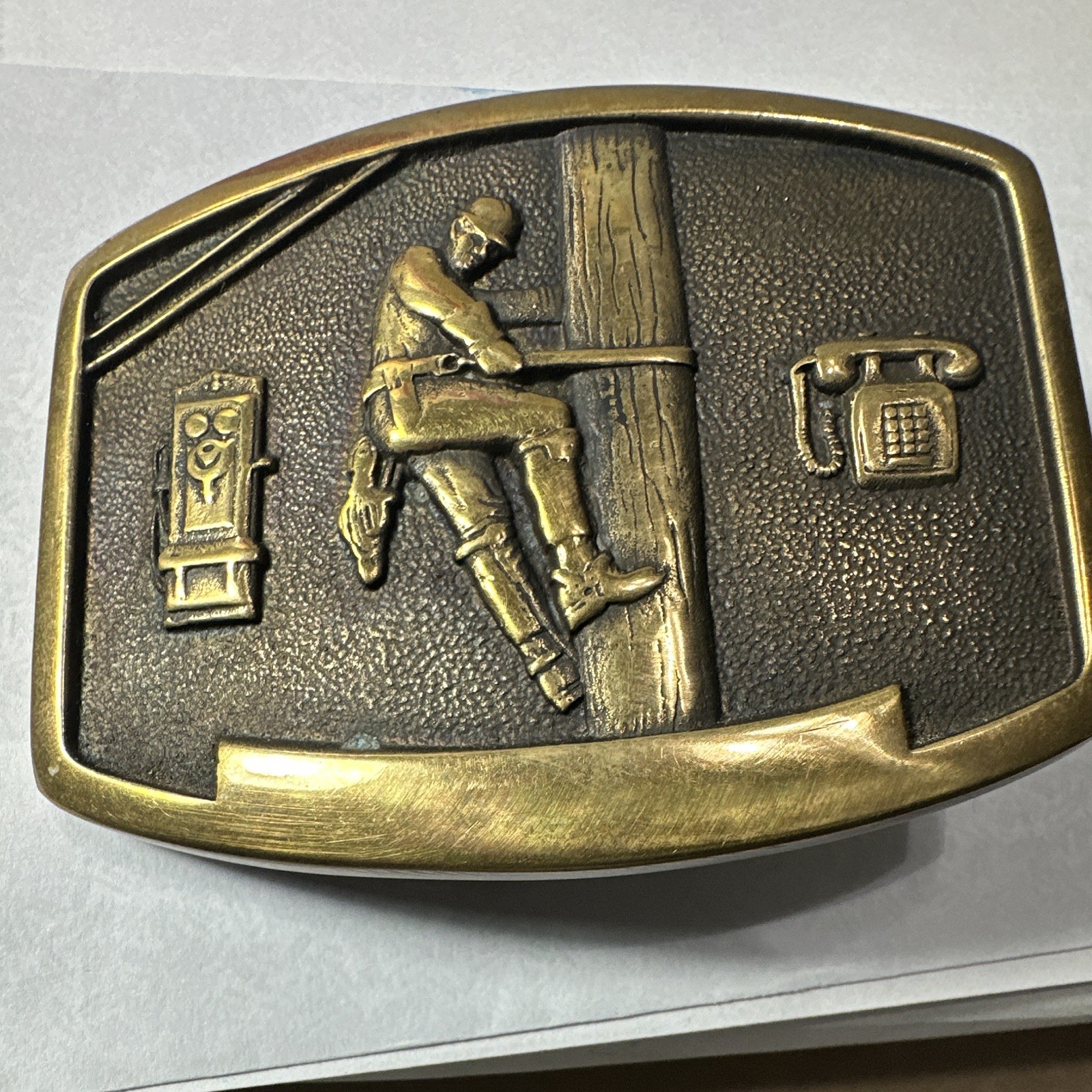 Solid Brass Mens Western Belt Buckle Lineman Telephone Utility Figural 1.5in