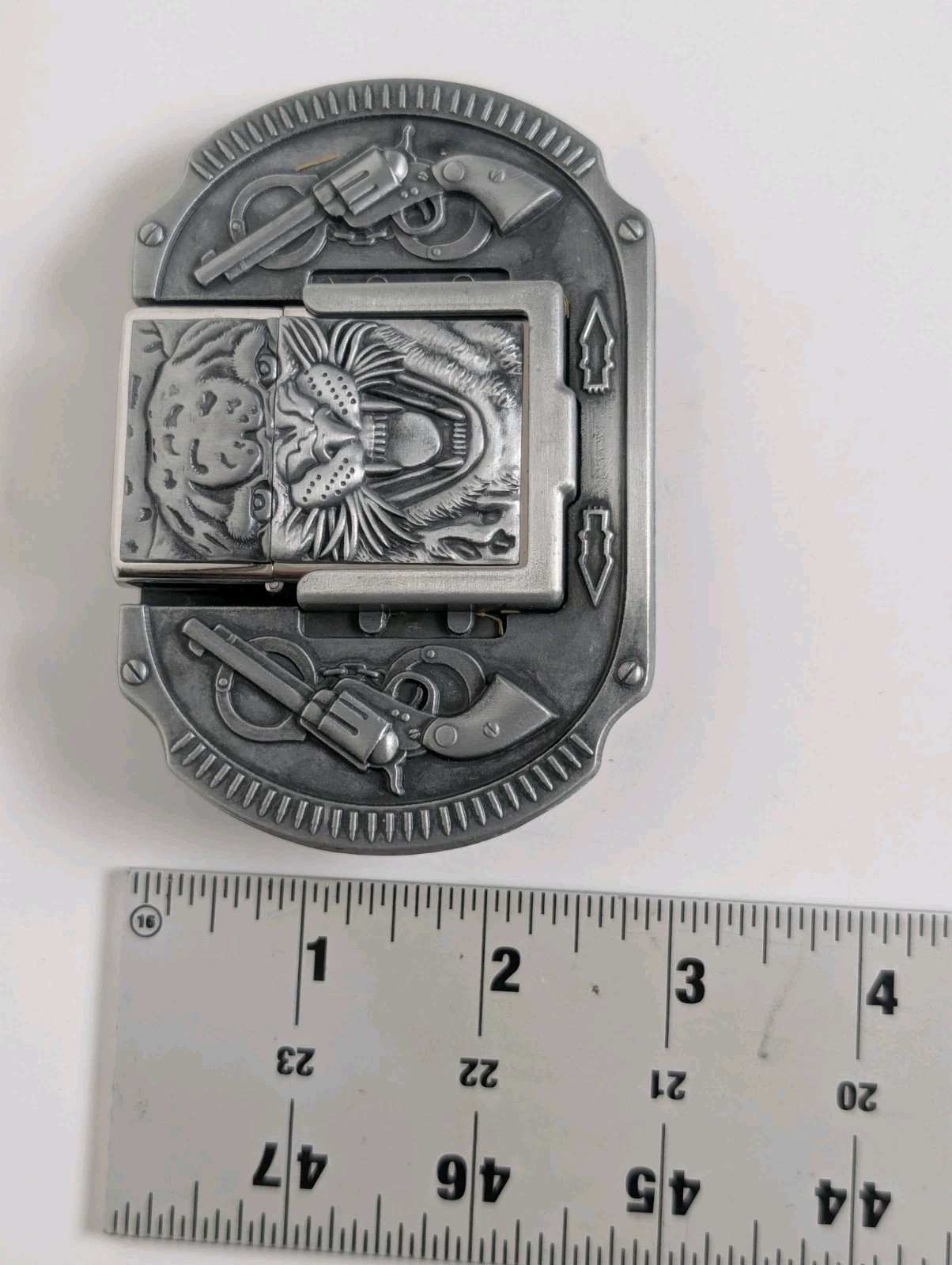 Zorro Brass Tiger Lighter Belt Buckle Western Revolvers Handcuffs New