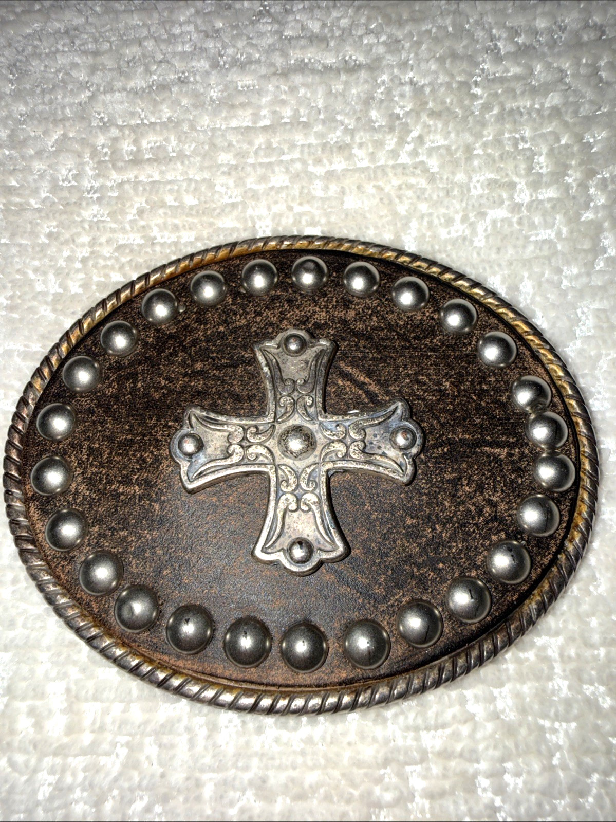 Western Cross Leather Belt Buckle Studded Engraved Oval Made In Spain 2.7 in