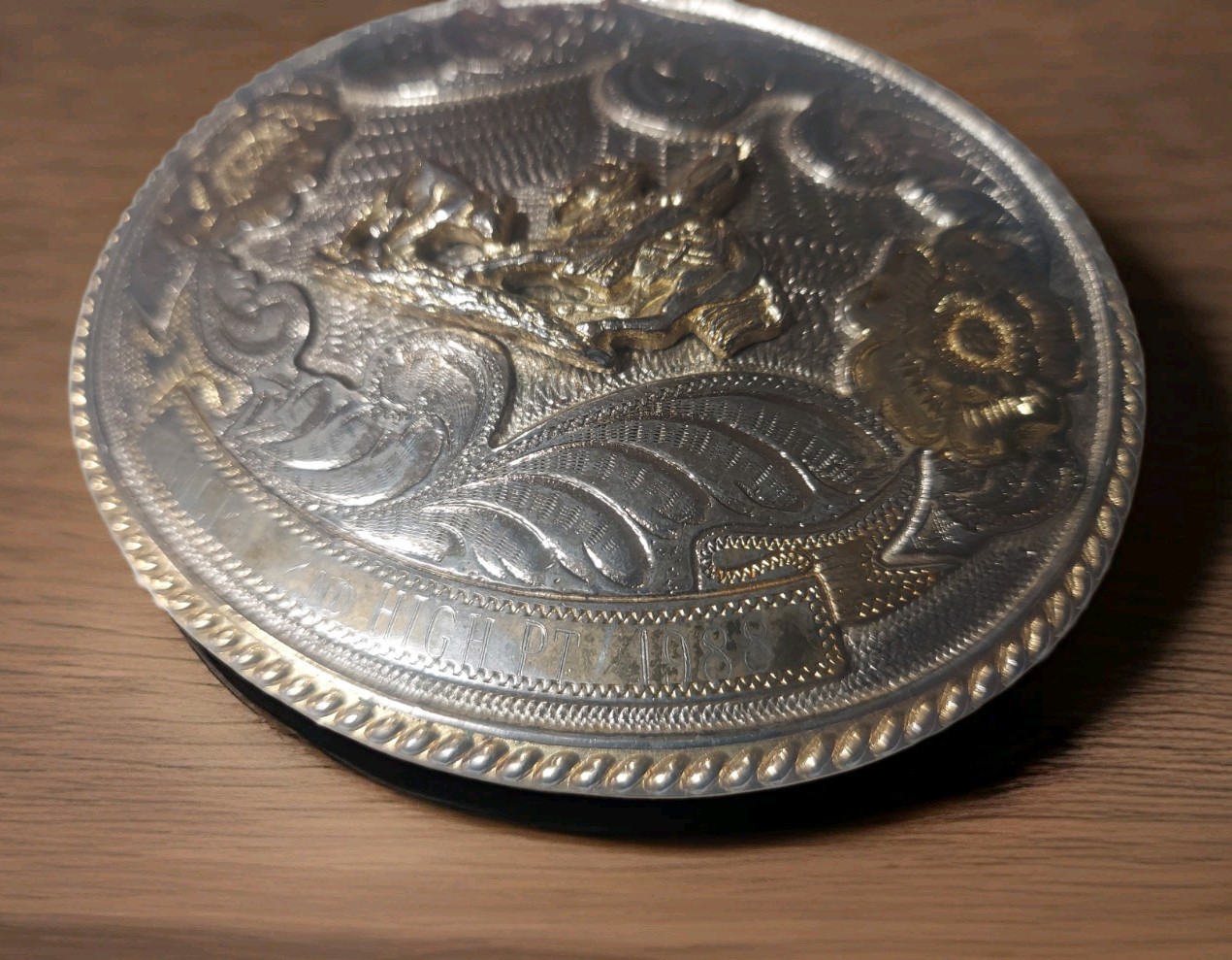 Vintage 1988 Silver and Gold toned Belt Buckle Rider & Horse 4.5&Prime; x 3.5&Prime;