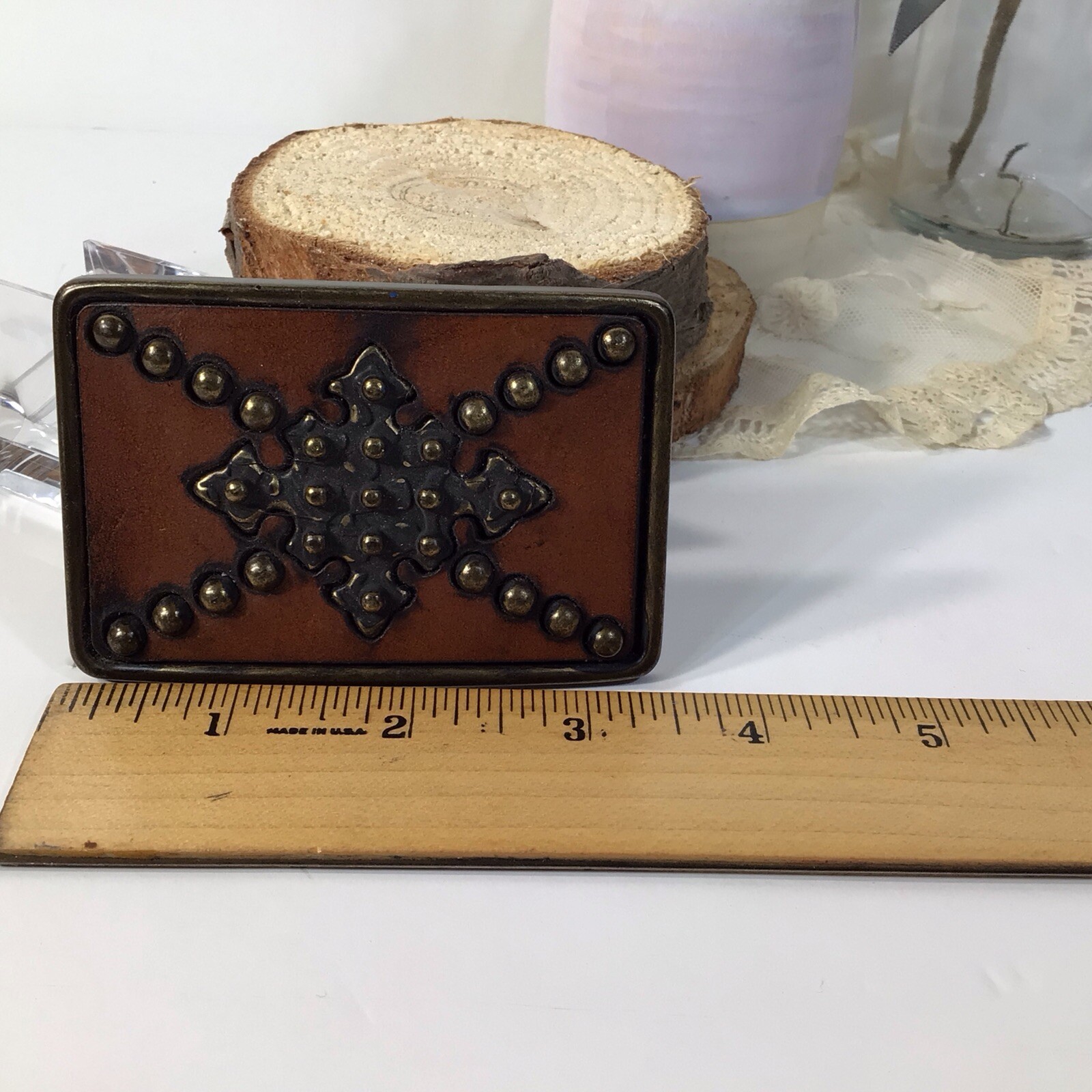 Brass Leather & Studs Belt Buckle~Brown/ Gold Handcrafted ~UNIQUE ~FREE SHIPPING