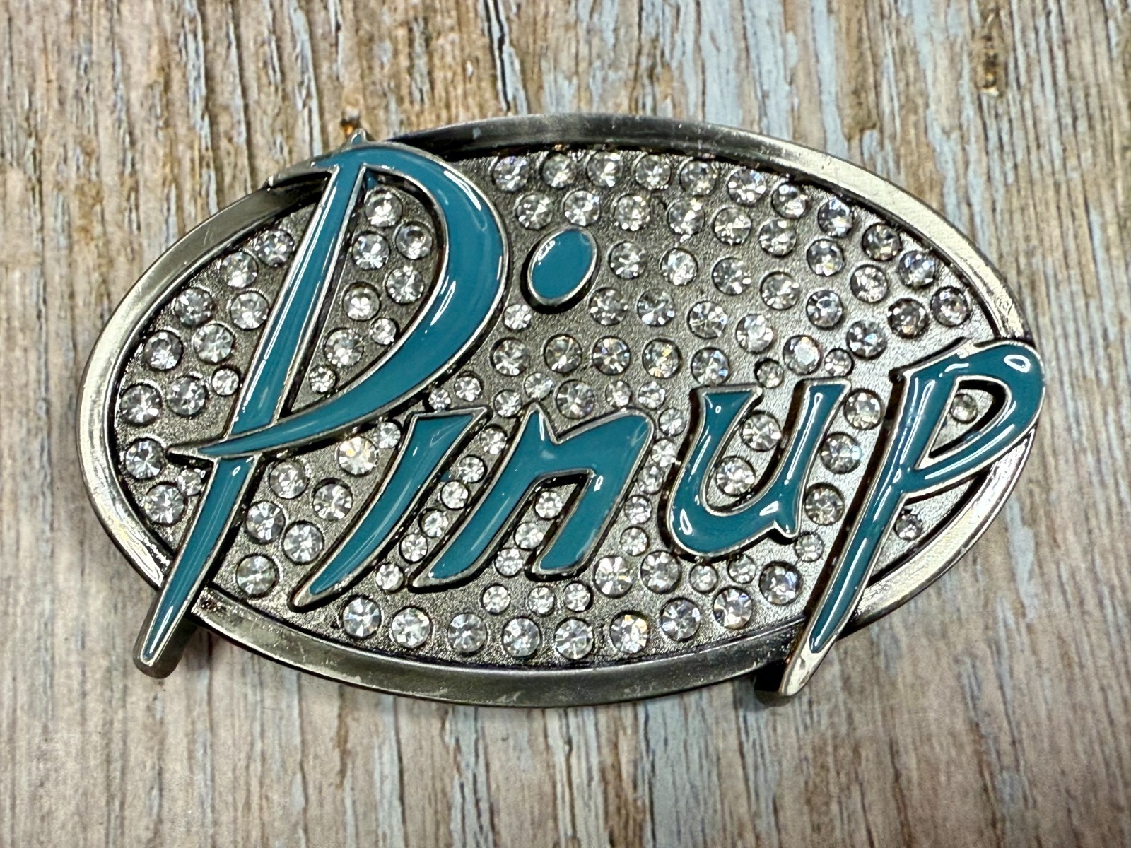 Pinup Girl – Blue Lettering Fashion Statement Novelty Jeweled Oval Belt Buckle