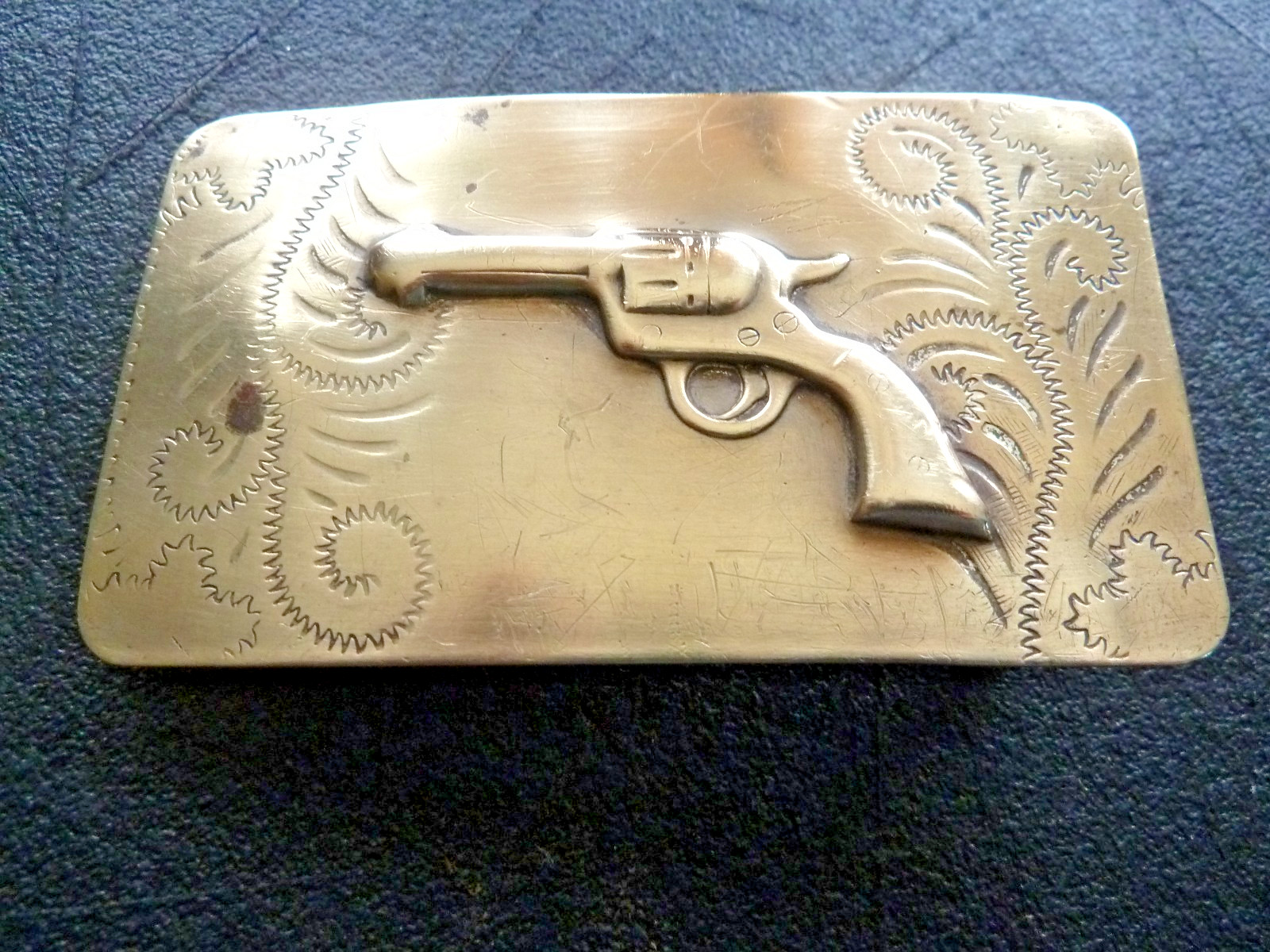 Vintage Western Brass Belt Buckle Embossed Revolver Gun Pistol Solid Bar RARE