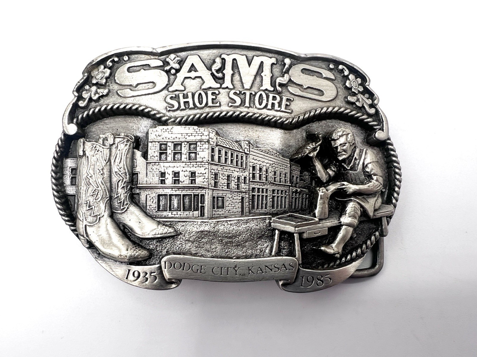 Dodge City Kansas SAM&rsquo;S SHOE STORE 1985 Pewter Belt Buckle Allen Cowboyboy Boots