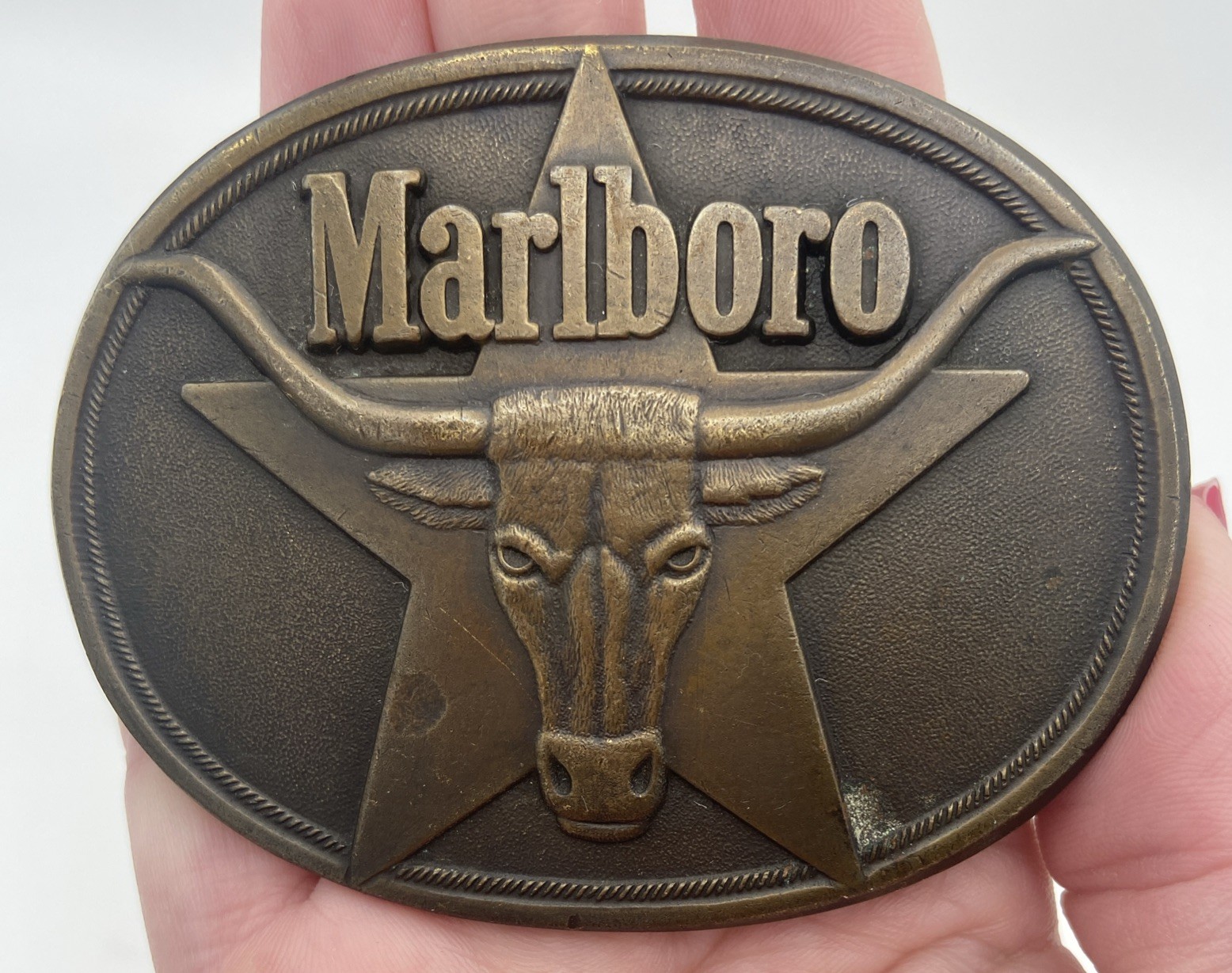 VINTAGE Marlboro Belt Buckle Mens Solid Brass Longhorn Star Western 1987