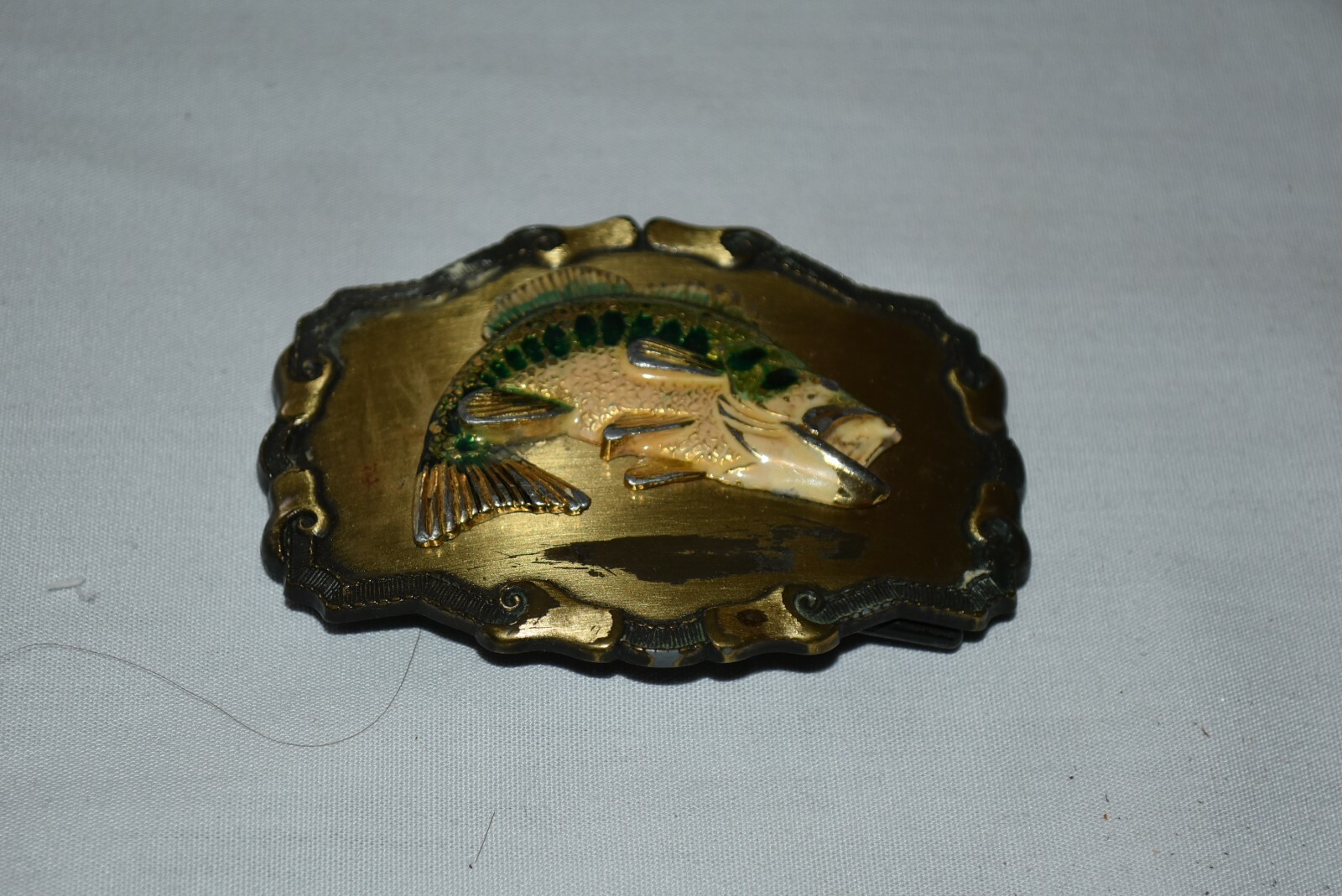 Vintage SOLID Metal RAIN TREE FISHING Colorful BASS BELT BUCKLE EUC