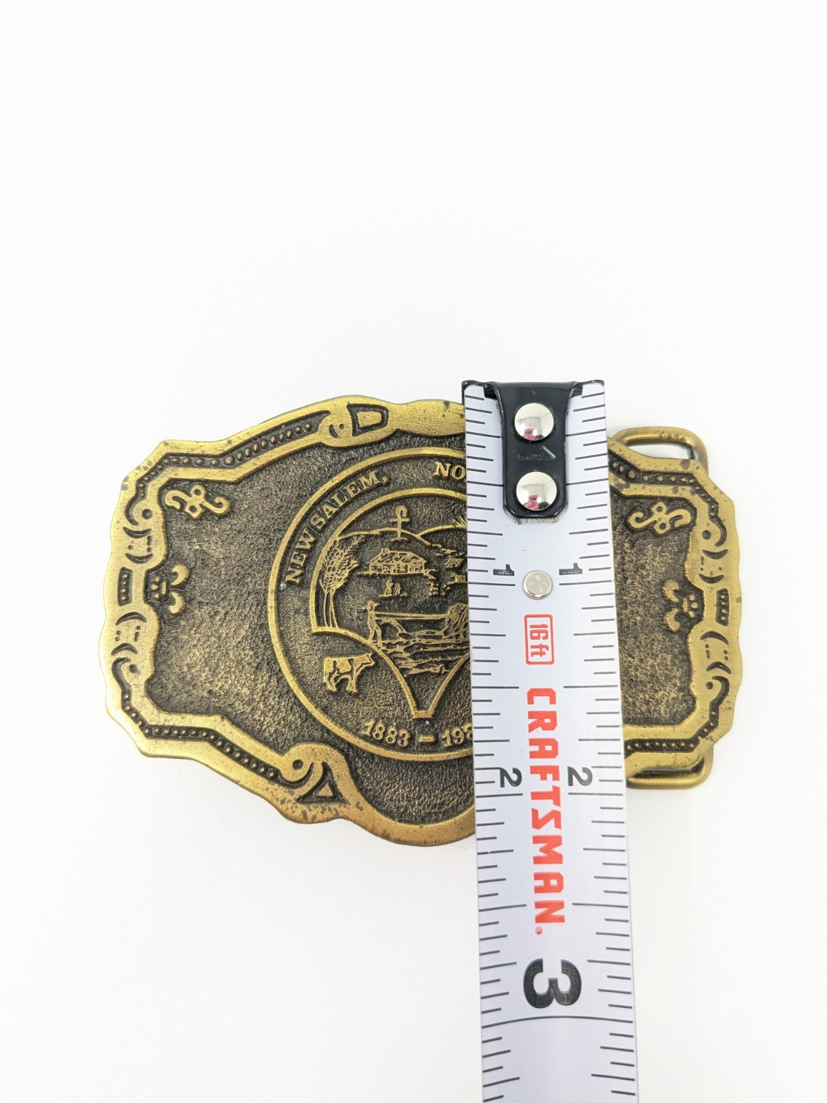 New Salem North Dakota 1883 -1983 Centennial Belt Buckle Hit Line Brass 100 Year