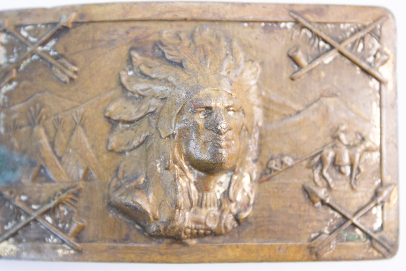Antique 1940s Robbins Co Thoresen Native American Indian Chief Brass Belt Buckle
