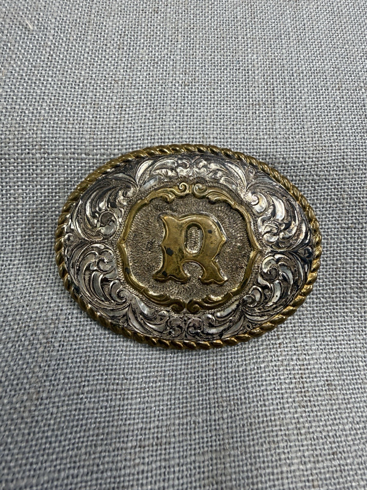 Vintage Crumrine Initial R Western Belt Buckle Silver Plate Bronze USA
