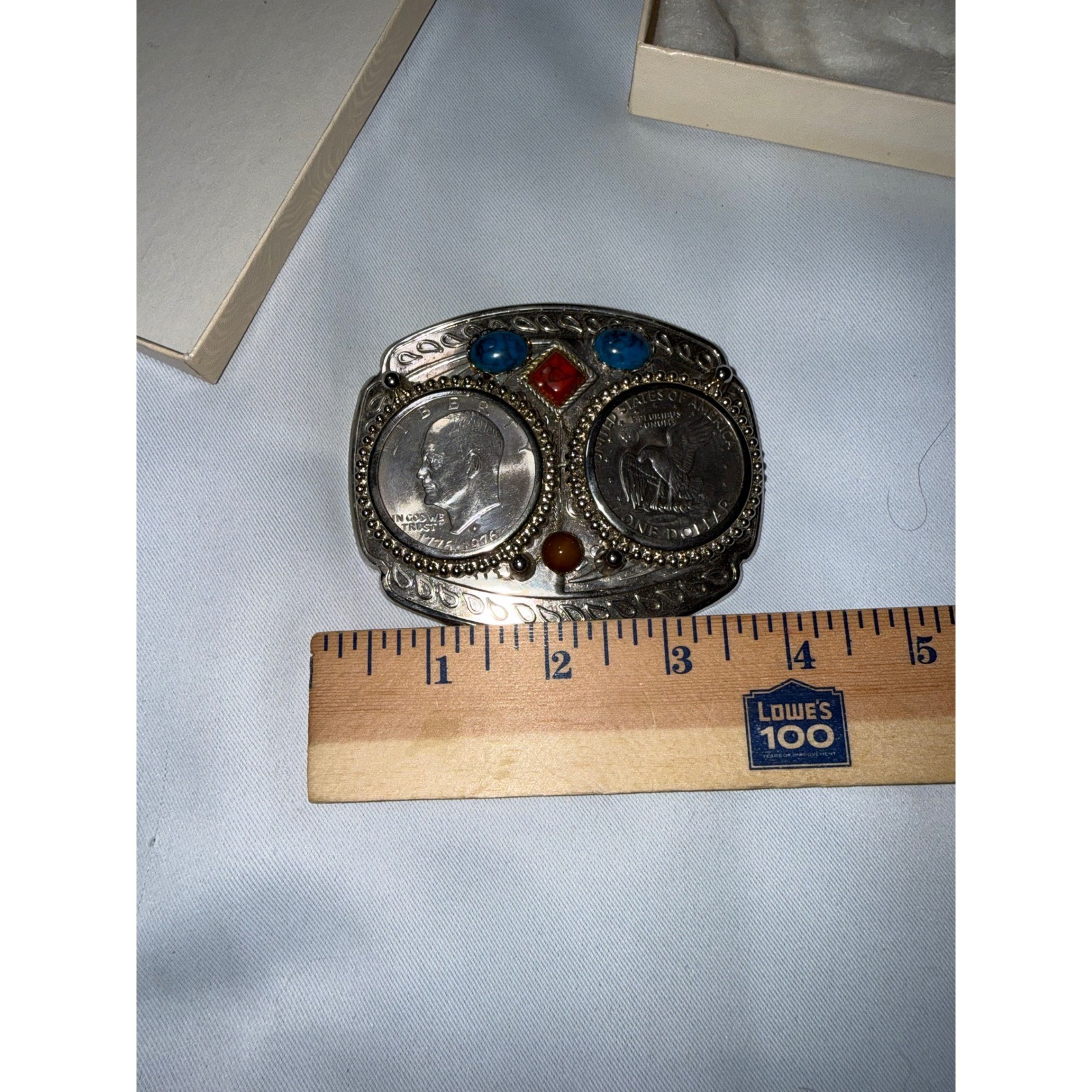 Vintage Bicentennial Eisenhower Silver Dollar Belt Buckle Turquoise Coral Stone
