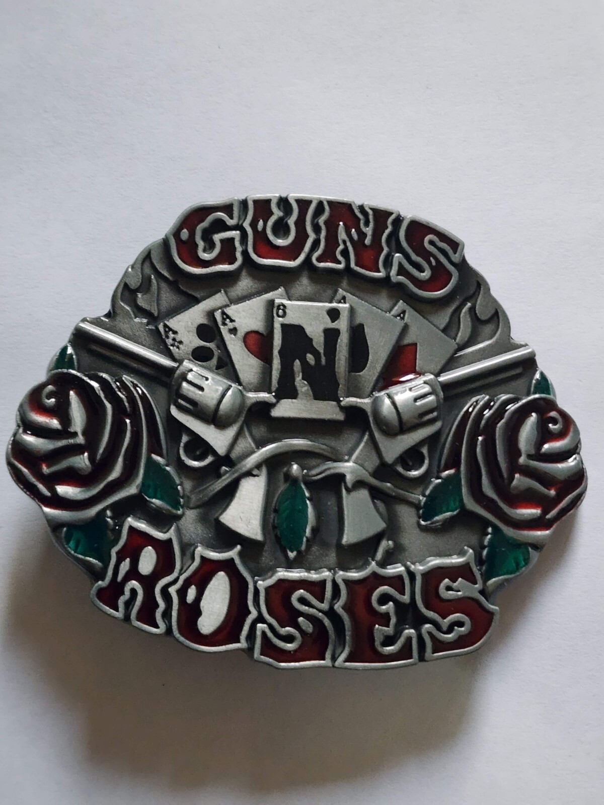 Belt Buckle &lsquo;Poker Gun & Roses &lsquo; Size: 7.5cm x 6.5cm Suits 4cm Belt Width