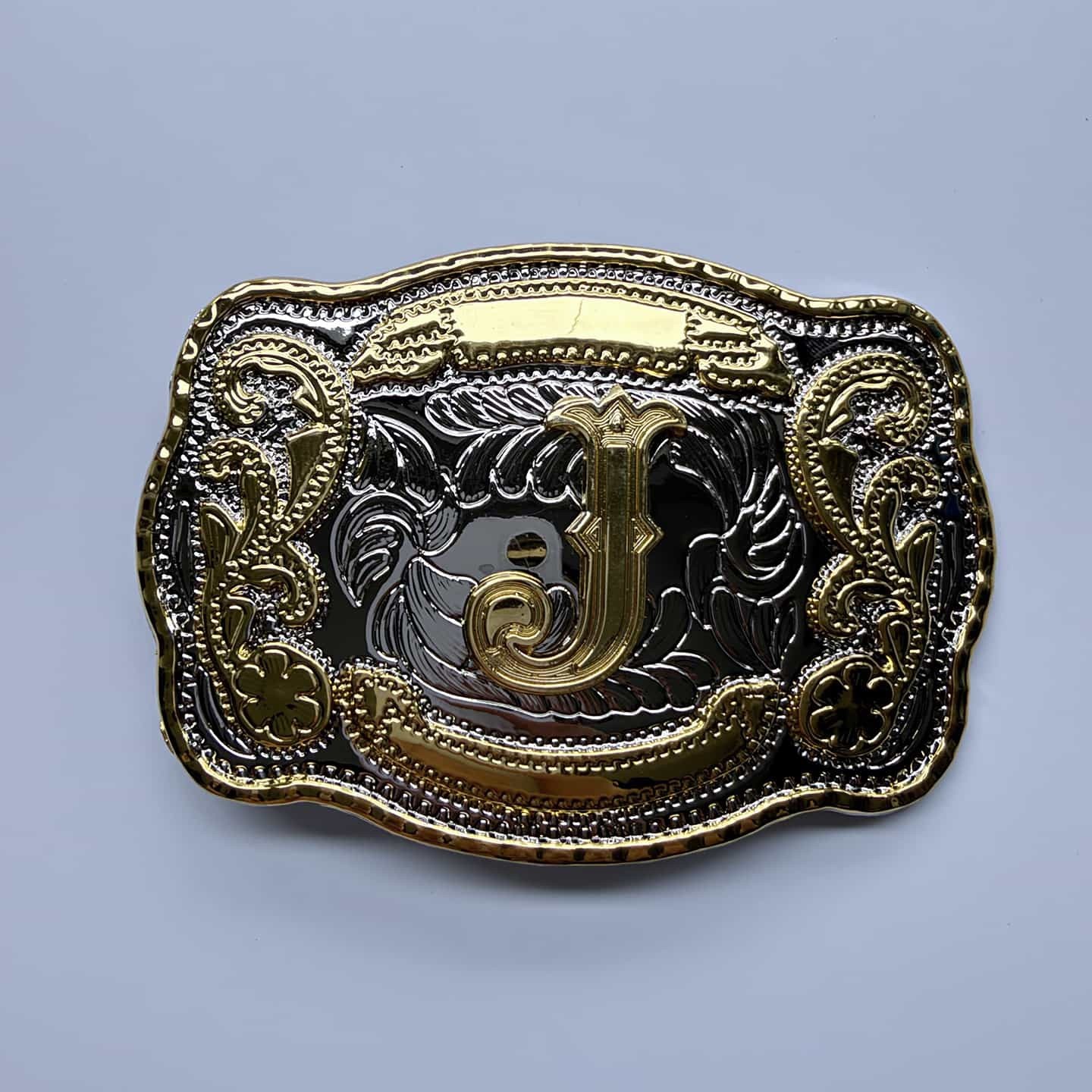 Bright Silver With Gold Initial Letter A-Z Cowboy Cowgirl Rectangle Belt Buckle