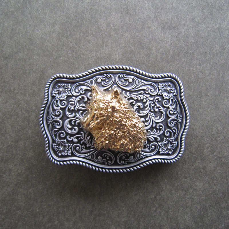 Western Flower Pattern Wolf Head Metal Belt Buckle