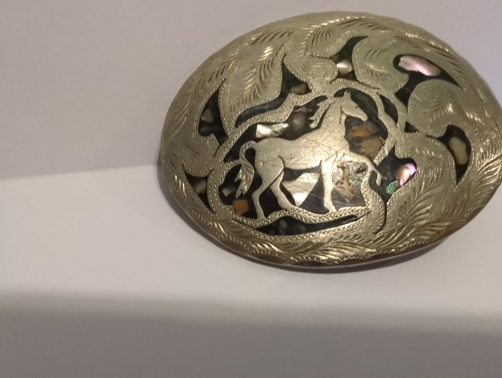 Vtg Mexico Western Horse Belt Buckle Handmade Silver Tone Inlaid Ablone Shell 3&Prime;