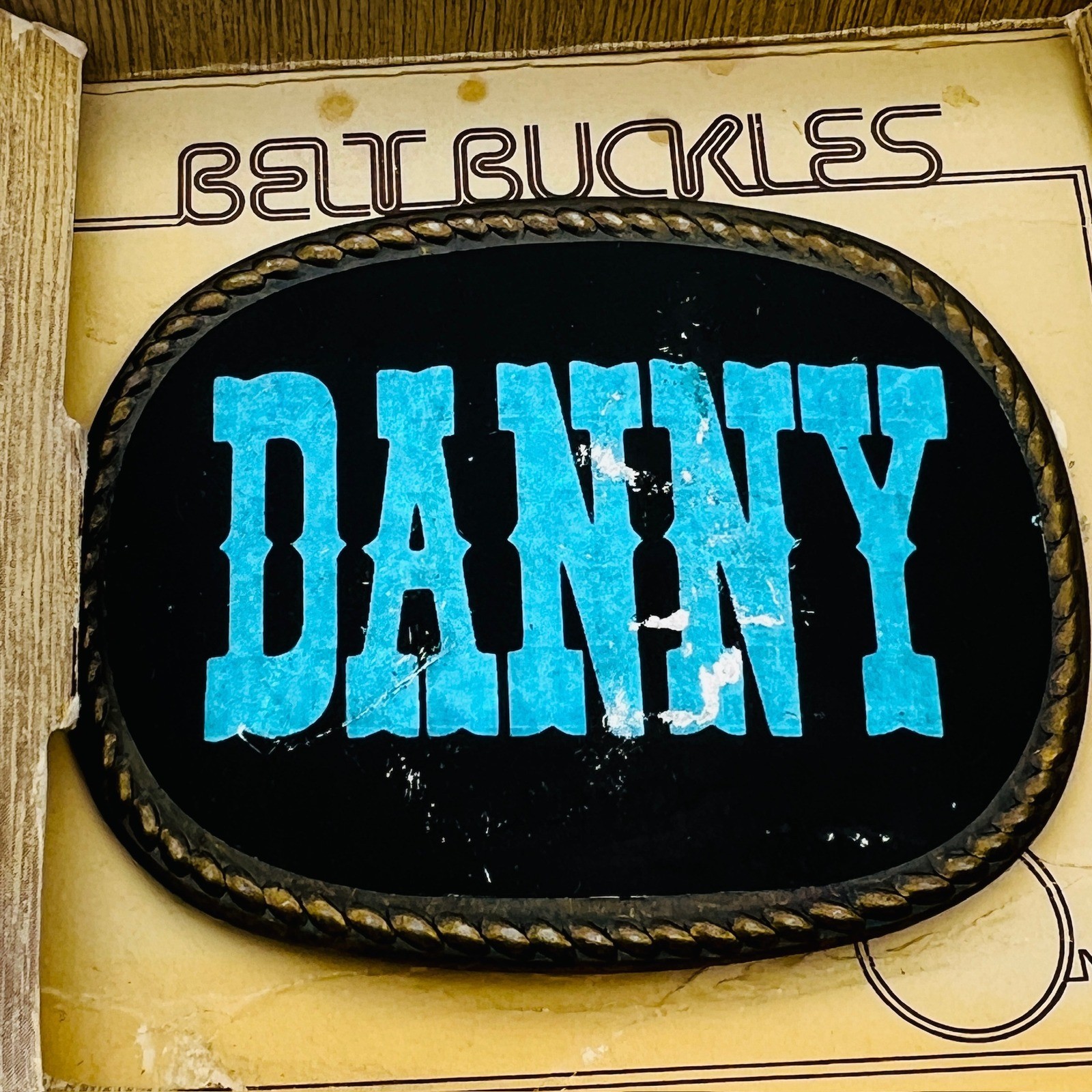 Vintage Danny Name Belt Buckle Blue Western Font Black Oval Rope Border Boxed
