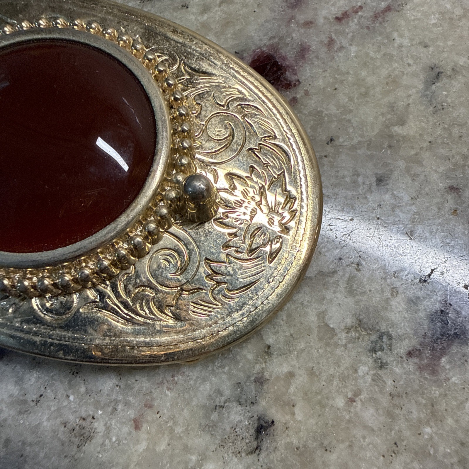 vintage ornate oval gold metal belt buckle w polished red stone center women