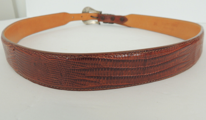 Chacon Sterling Buckle Genuine Lizard Belt Made In USA Mens 36 Marked Sterling