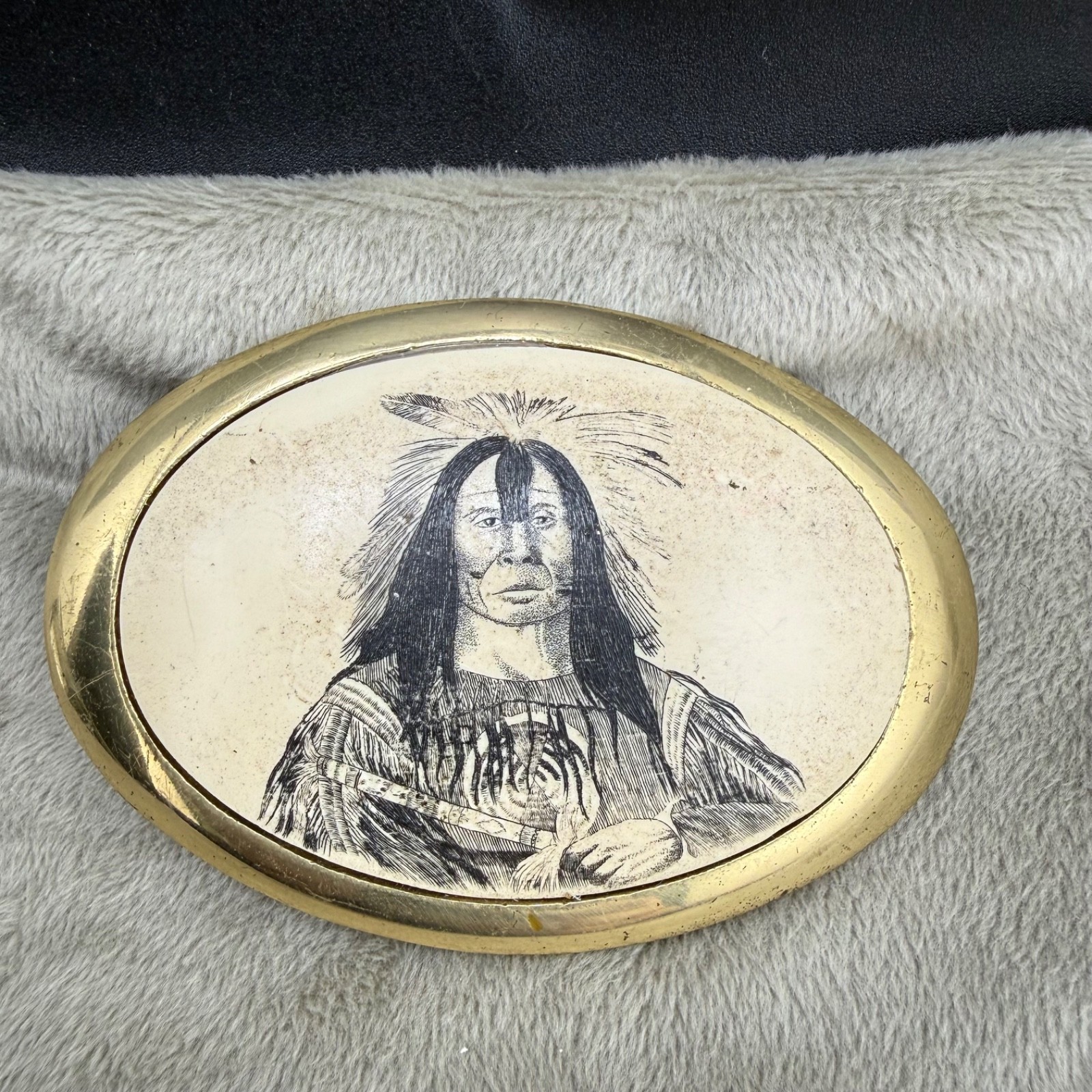 Vintage Etched Resin Buckle Native American Gold Tone Baron Buckles