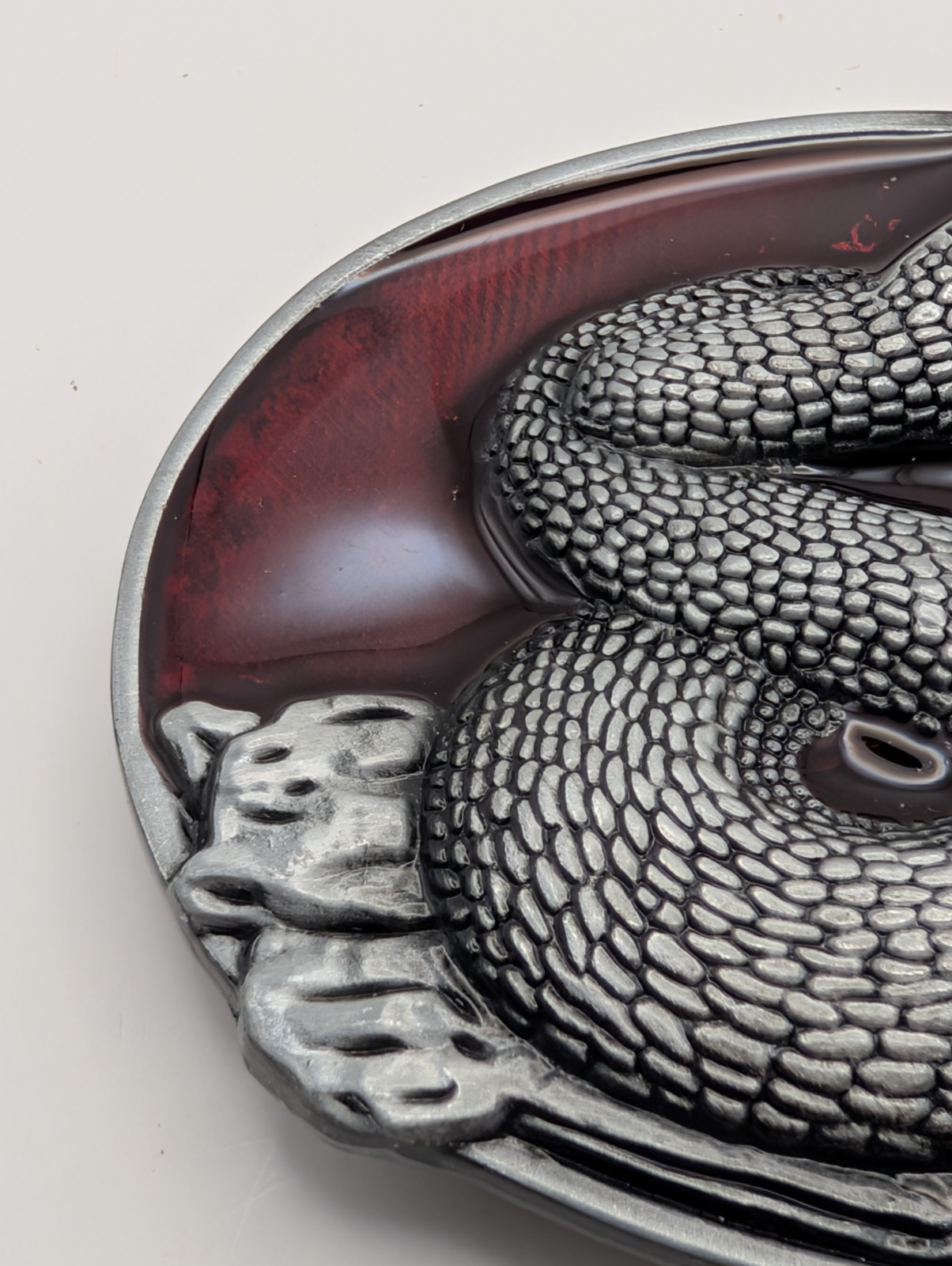 Rattlesnake Belt Buckle Coiled Snake Red Enamel Pewter Tone Western