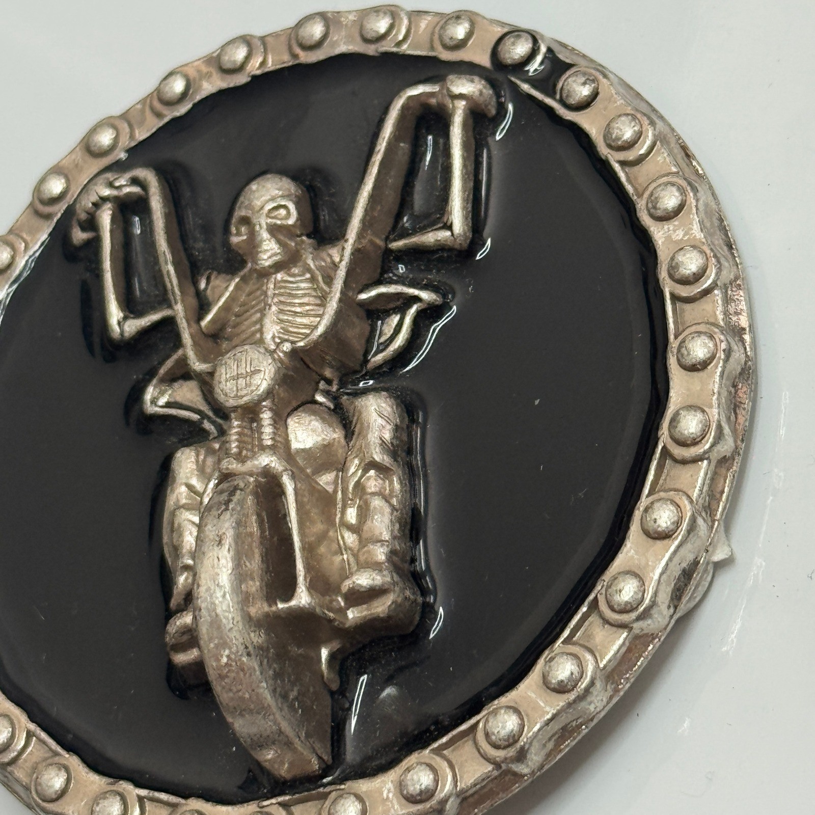 Skeleton Rider Motorcycle Belt Buckle Silver Tone Black Metal Round