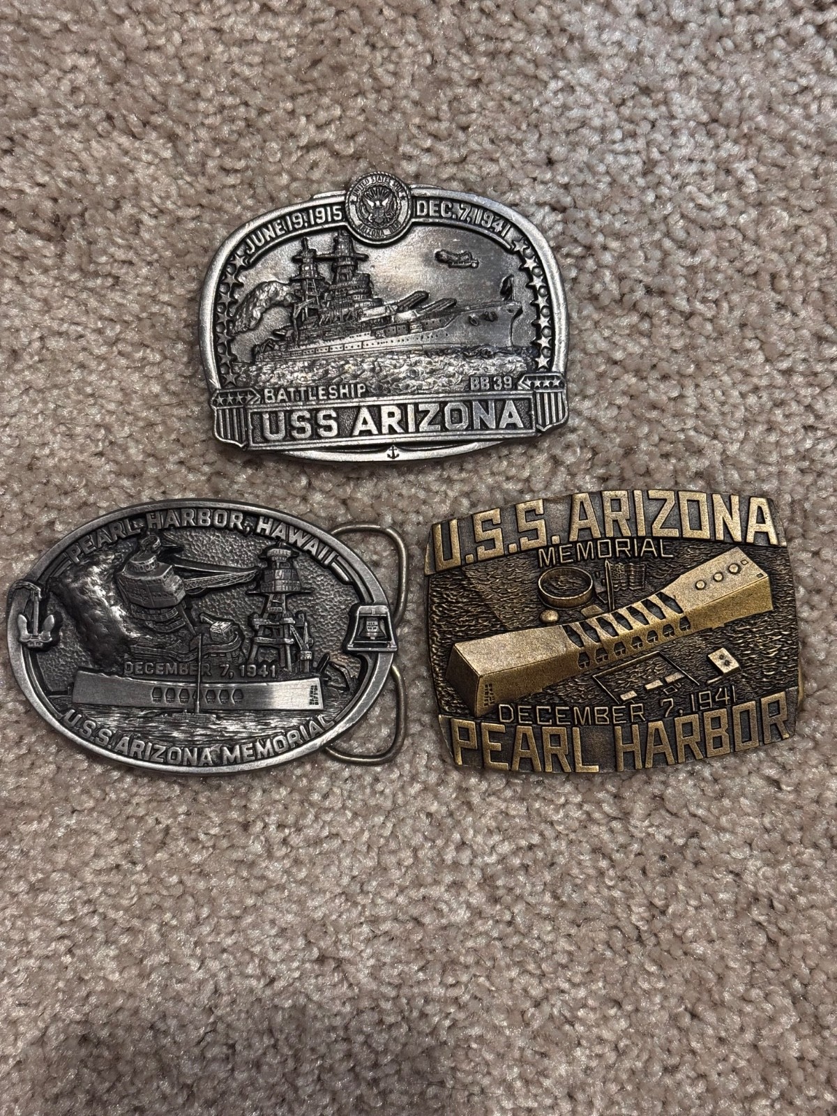 Pearl Harbor memorial belt buckles lot x3 vintage vtg USS Arizona WW2 collectors