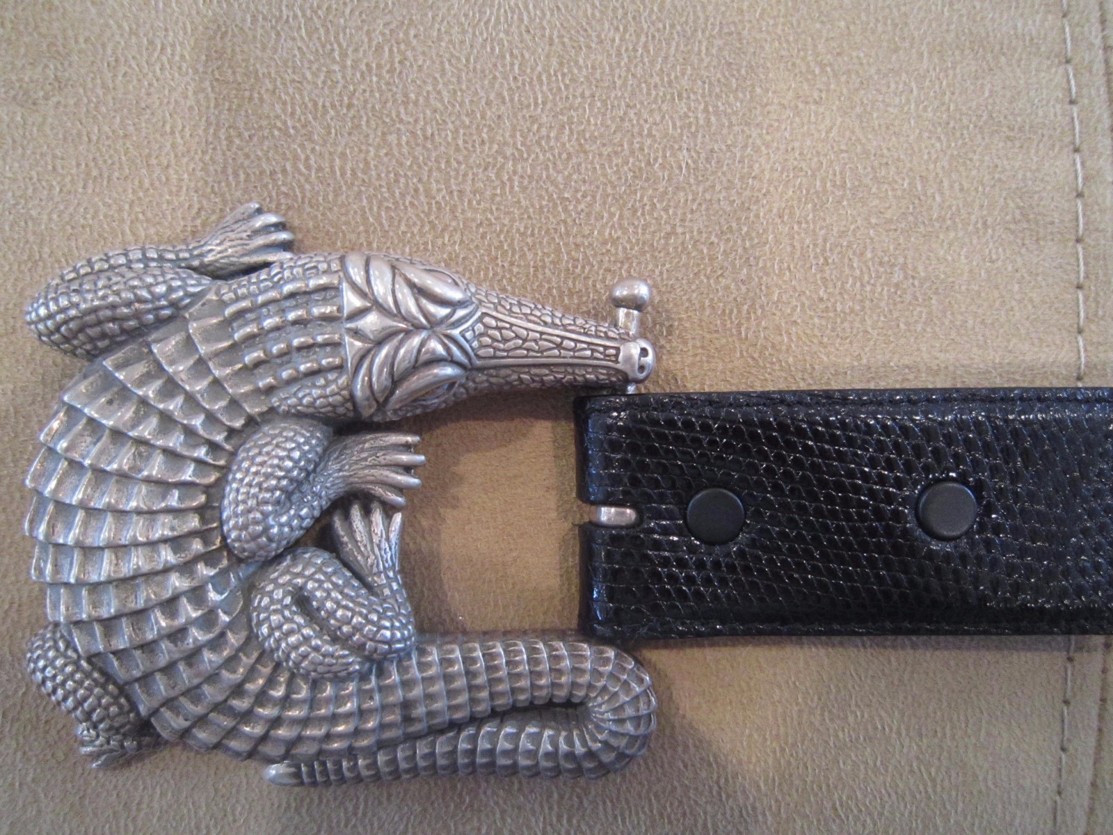 Huge Kieselstein-Cord Sterling Alligator Buckle and Black Lizard Belt Size 1