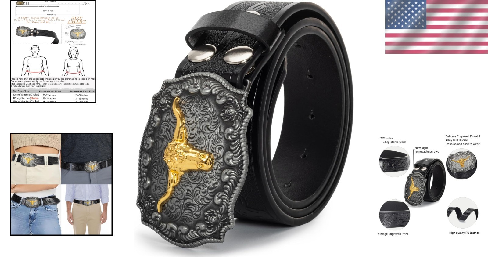 Western Cowboy-Belts for Men Big-Buckle Longhorn-Bull Pu-Leather Rodeo Cowgirl-B