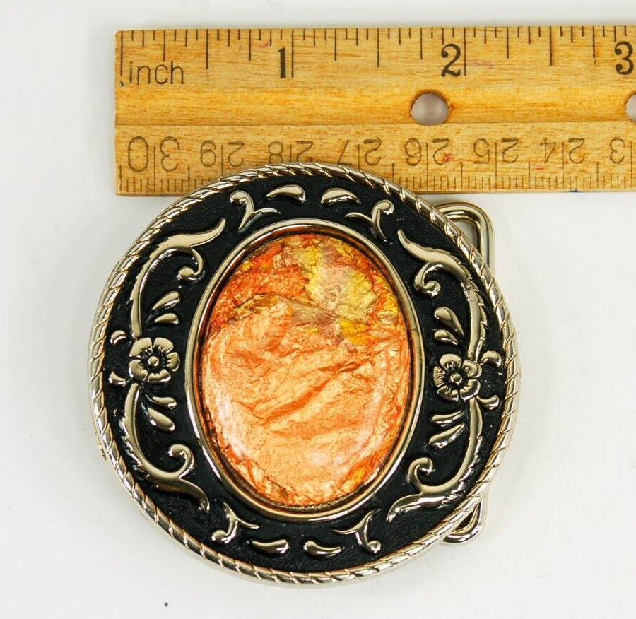 Orange Stone gold tone floral scroll round belt buckle western style