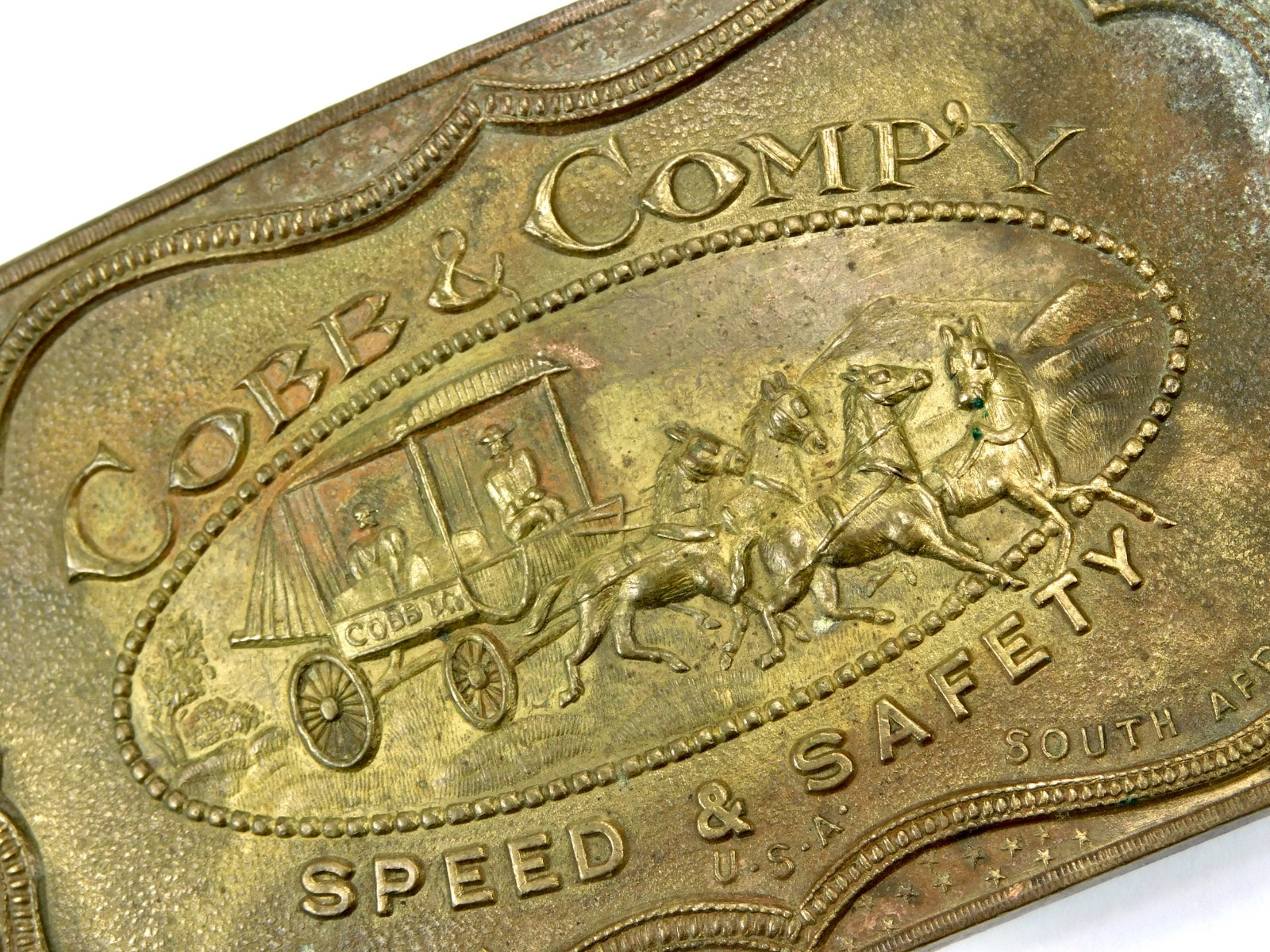Vintage Cobb & Co Speed & Safety Brass Western Belt Buckle