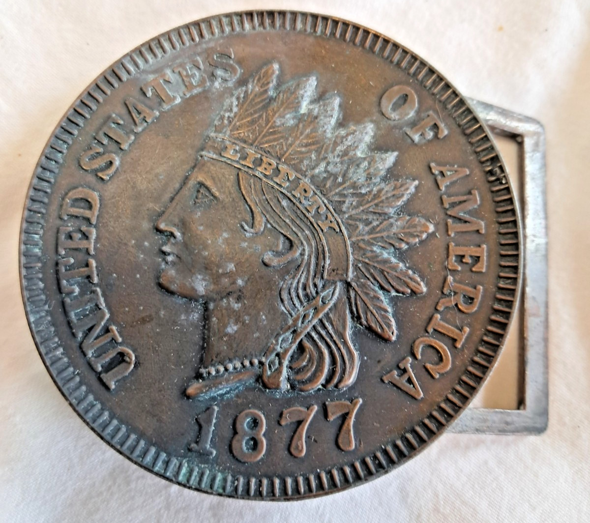 Vintage 1877 Indian Head Penny Belt Buckle Bronze Tone Round Coin Americana 3.75