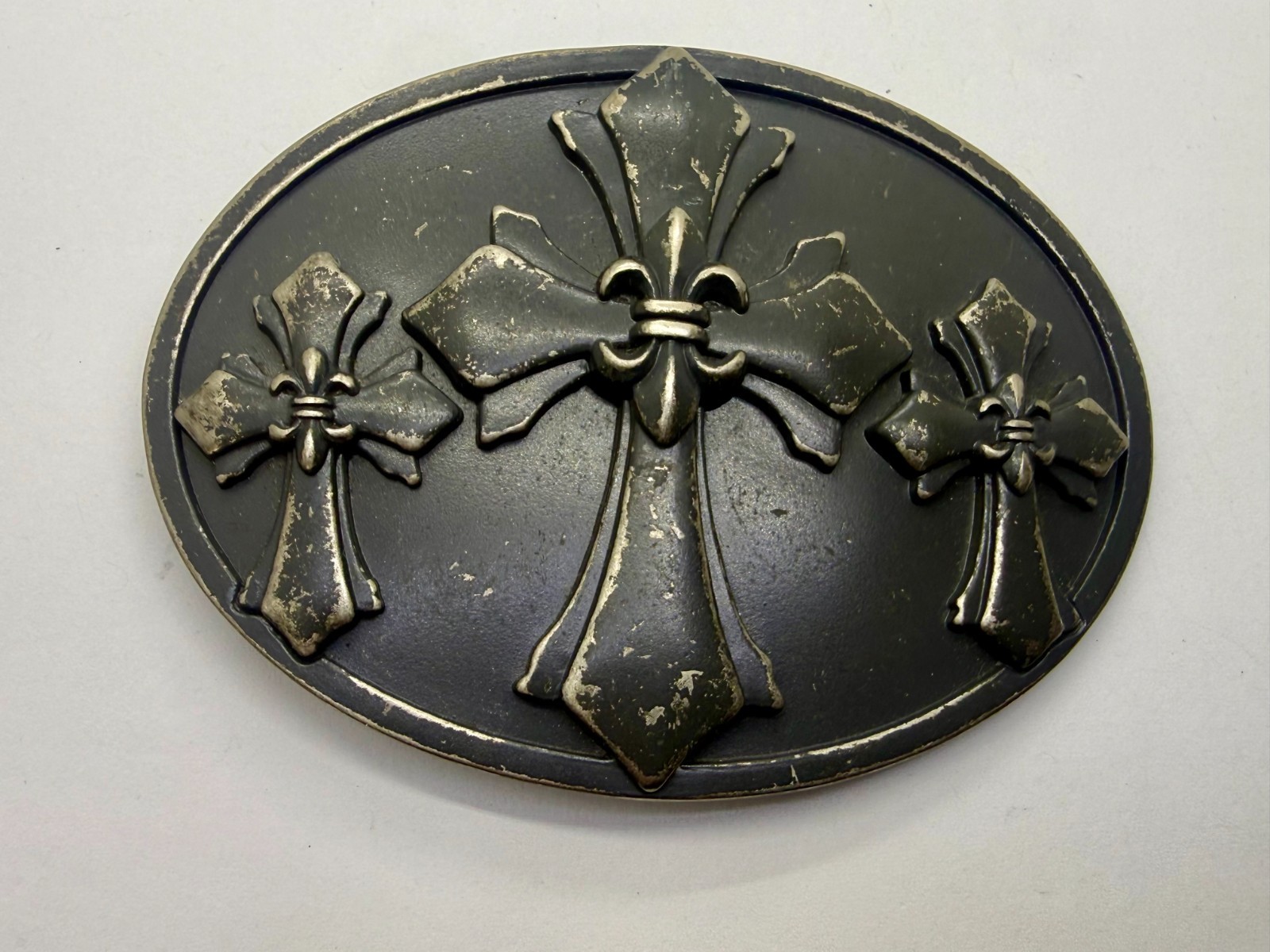 Fleur-de-lis Triple Maltese Style Three Cross Gothic Punk Biker Vibe Belt Buckle