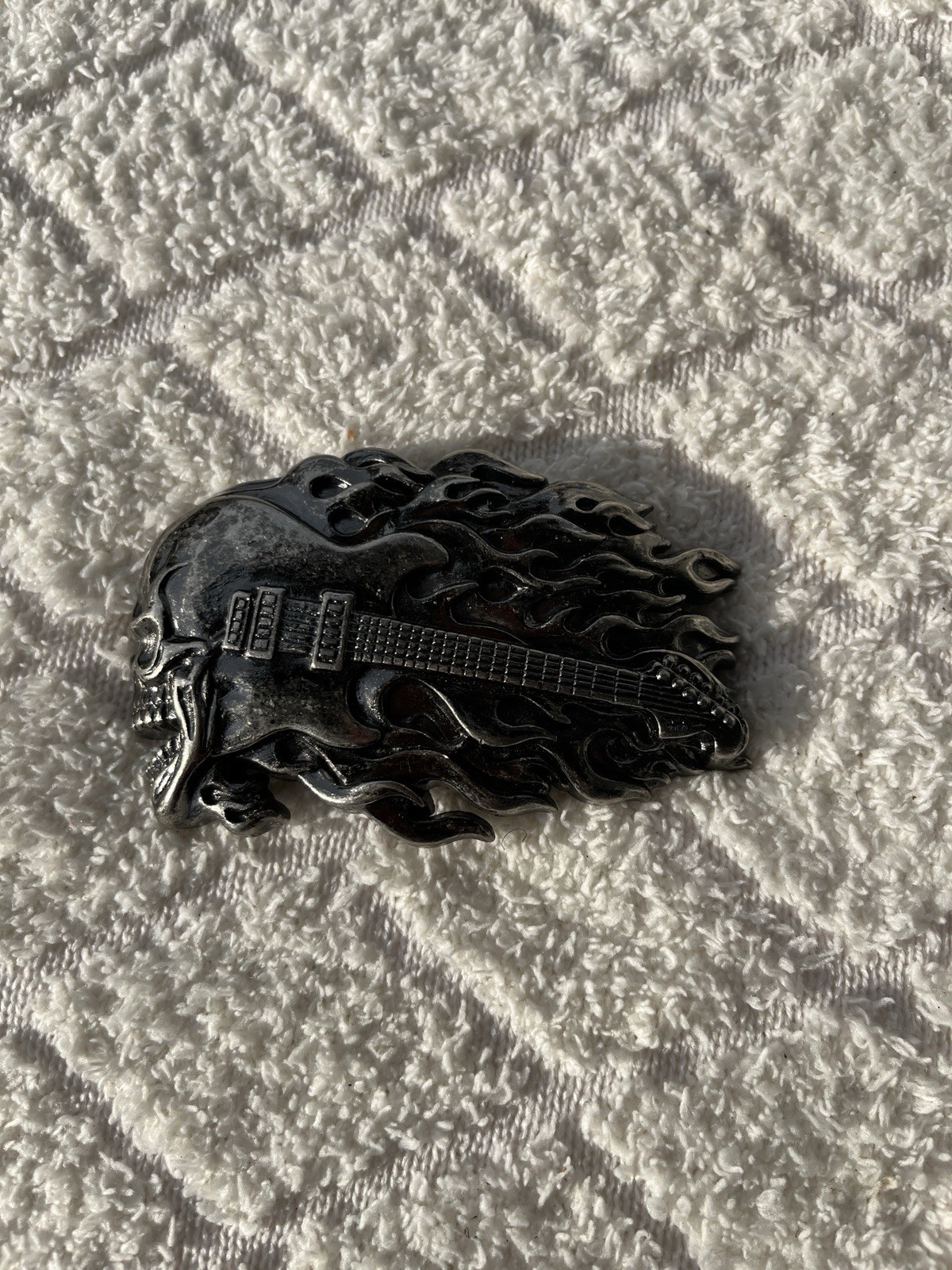 Flaming Electric Guitar Skull Cutout Musician Rock Band Gothic Belt Buckle