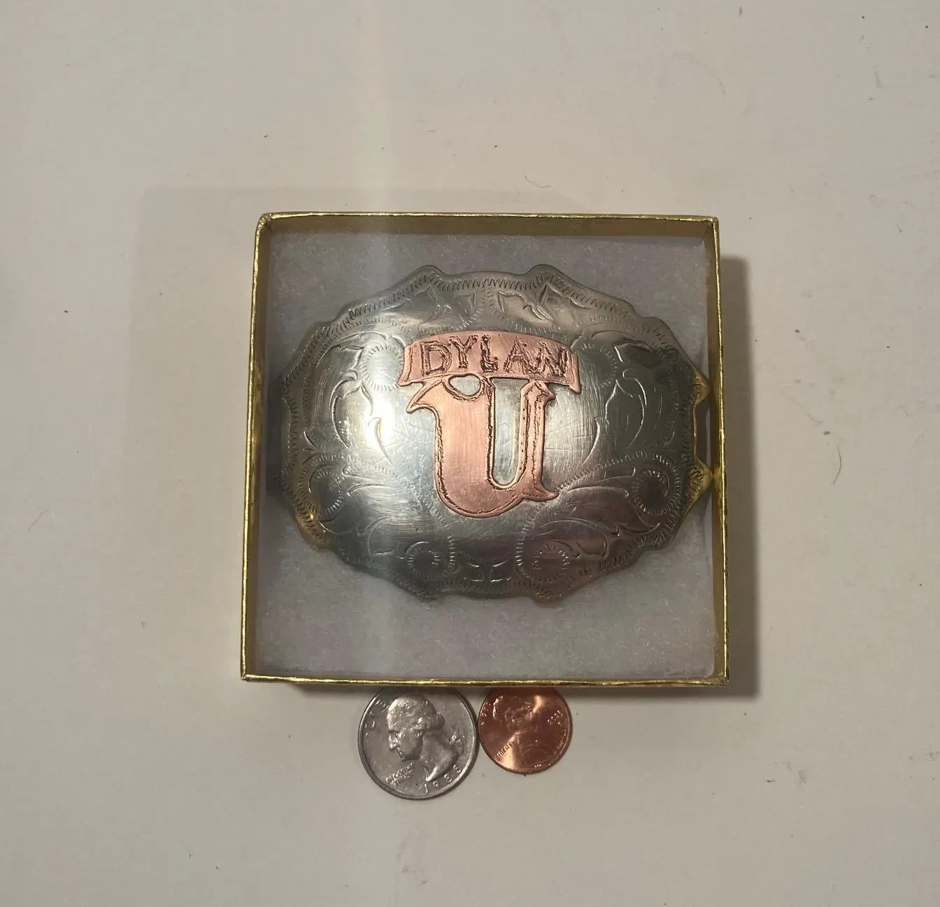 Vintage 2002 Metal Belt Buckle, Silver and Copper, Dylan, Nice Design