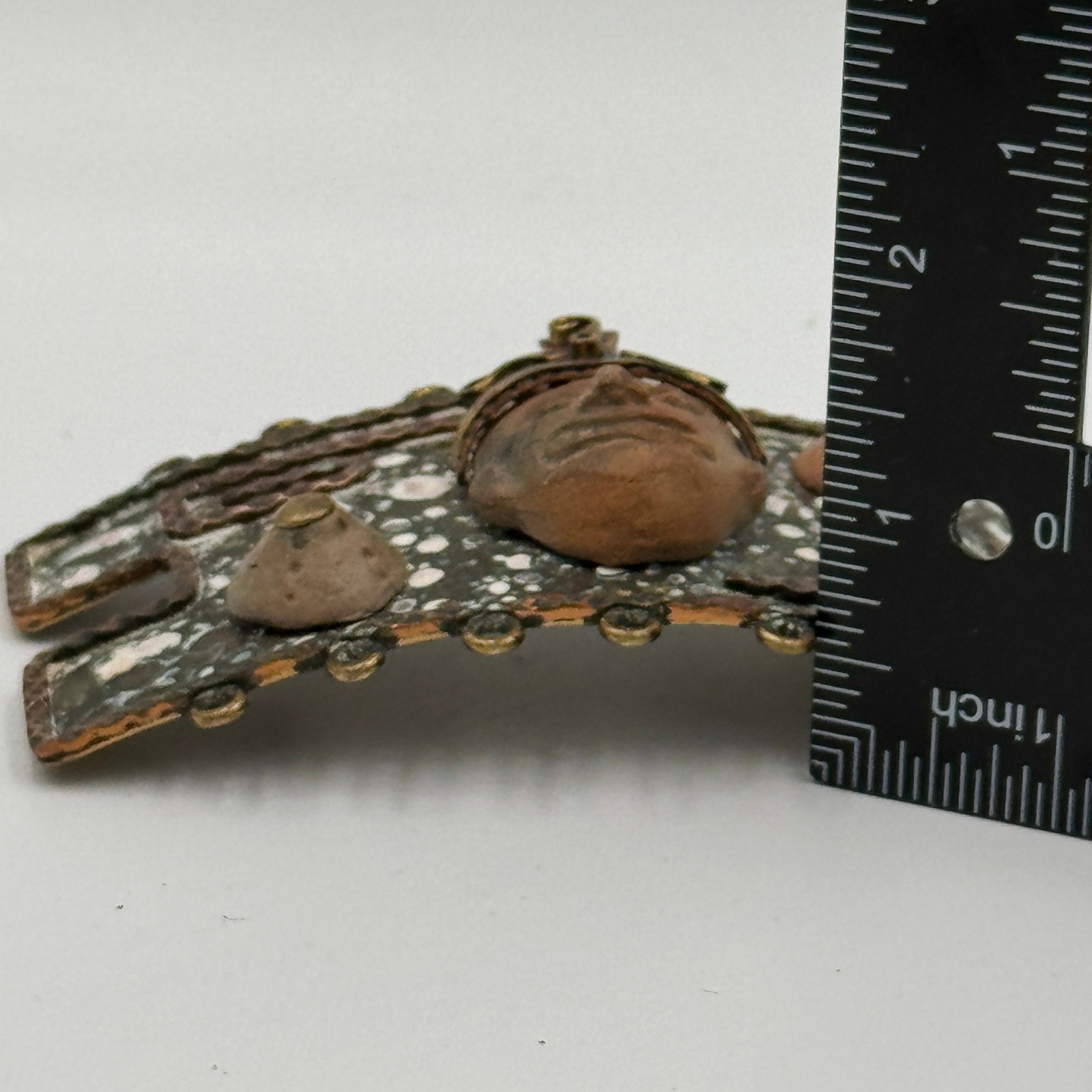 Vintage Maya Mexico Brutalist Mixed Metal Belt Buckle Clay Mask Enamel Folk Art