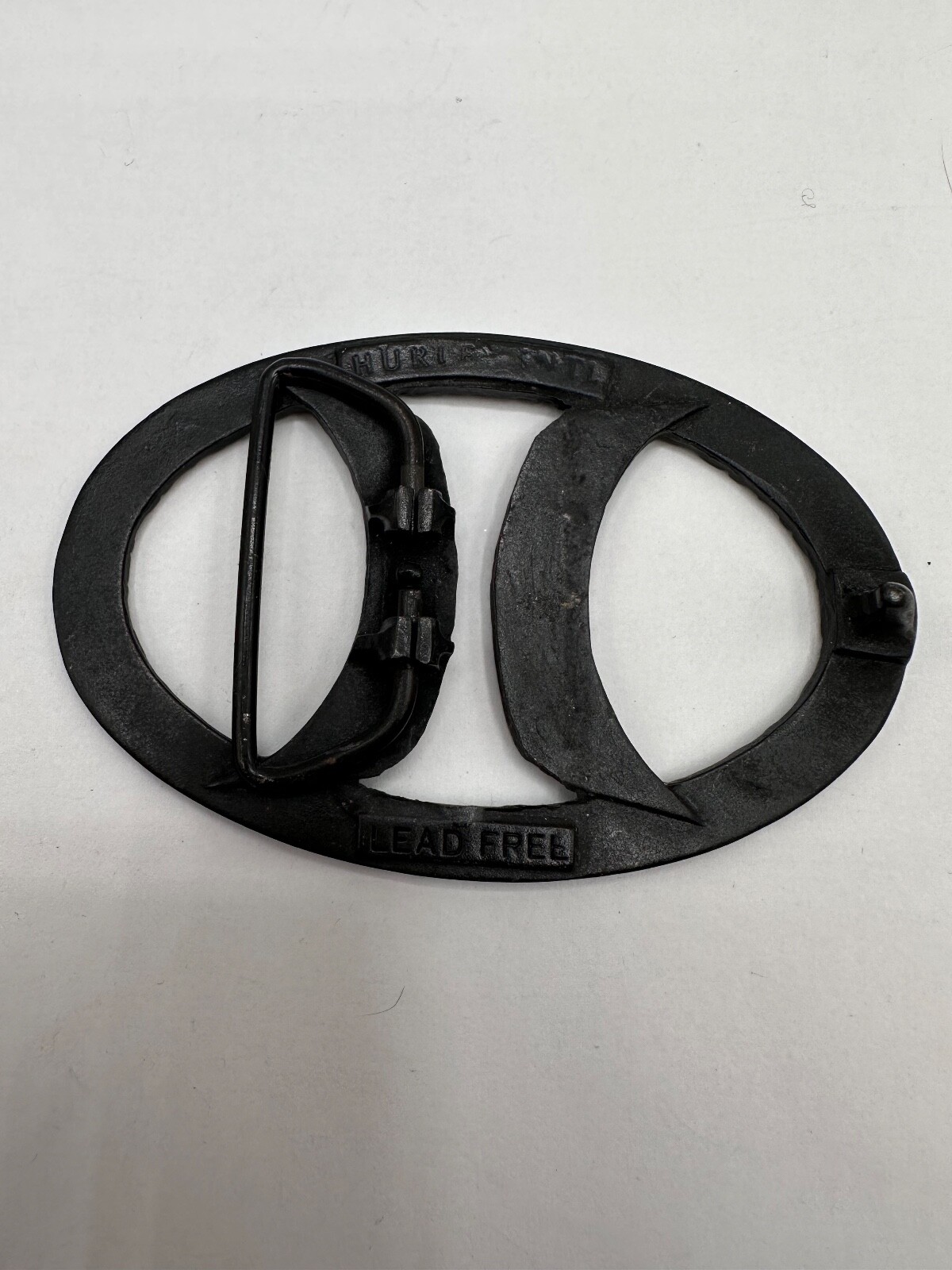 ESTATE BLACK METAL HURLEY LOGO SIGNED OVAL MEN WOMEN UNISEX BELT BUCKLE