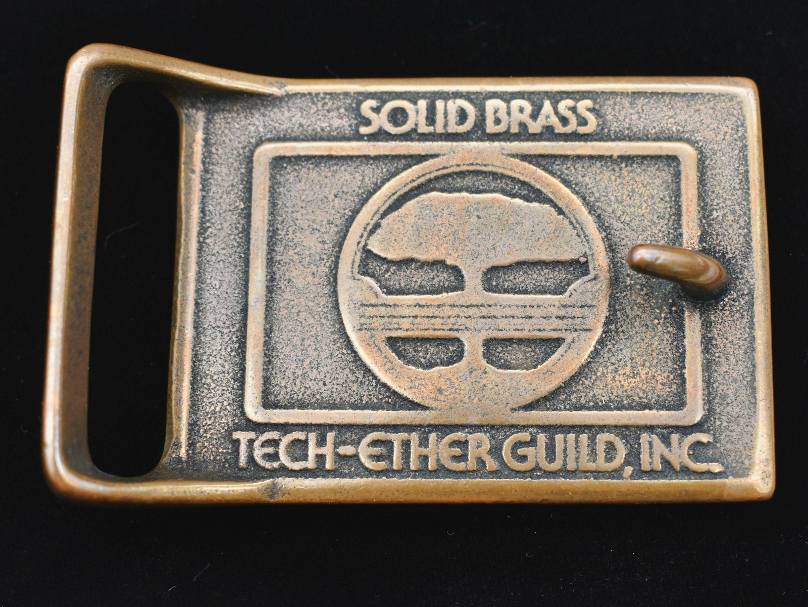 Tech Ether Guild Stamped Leather Solid Brass Rare Vintage Belt Buckle