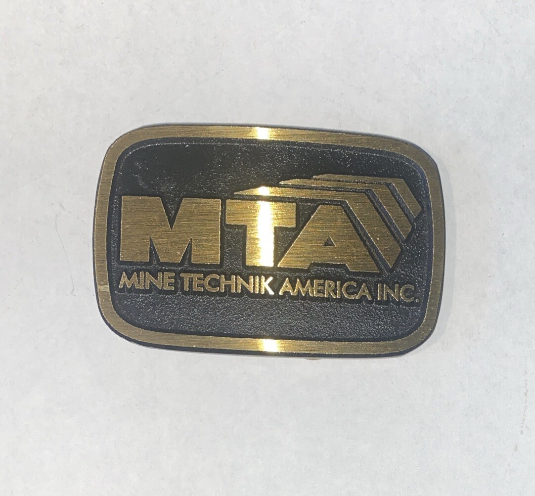 Vintage MTA Mine Technik America INC Brass Belt Buckle Mining Decals Stickers #1