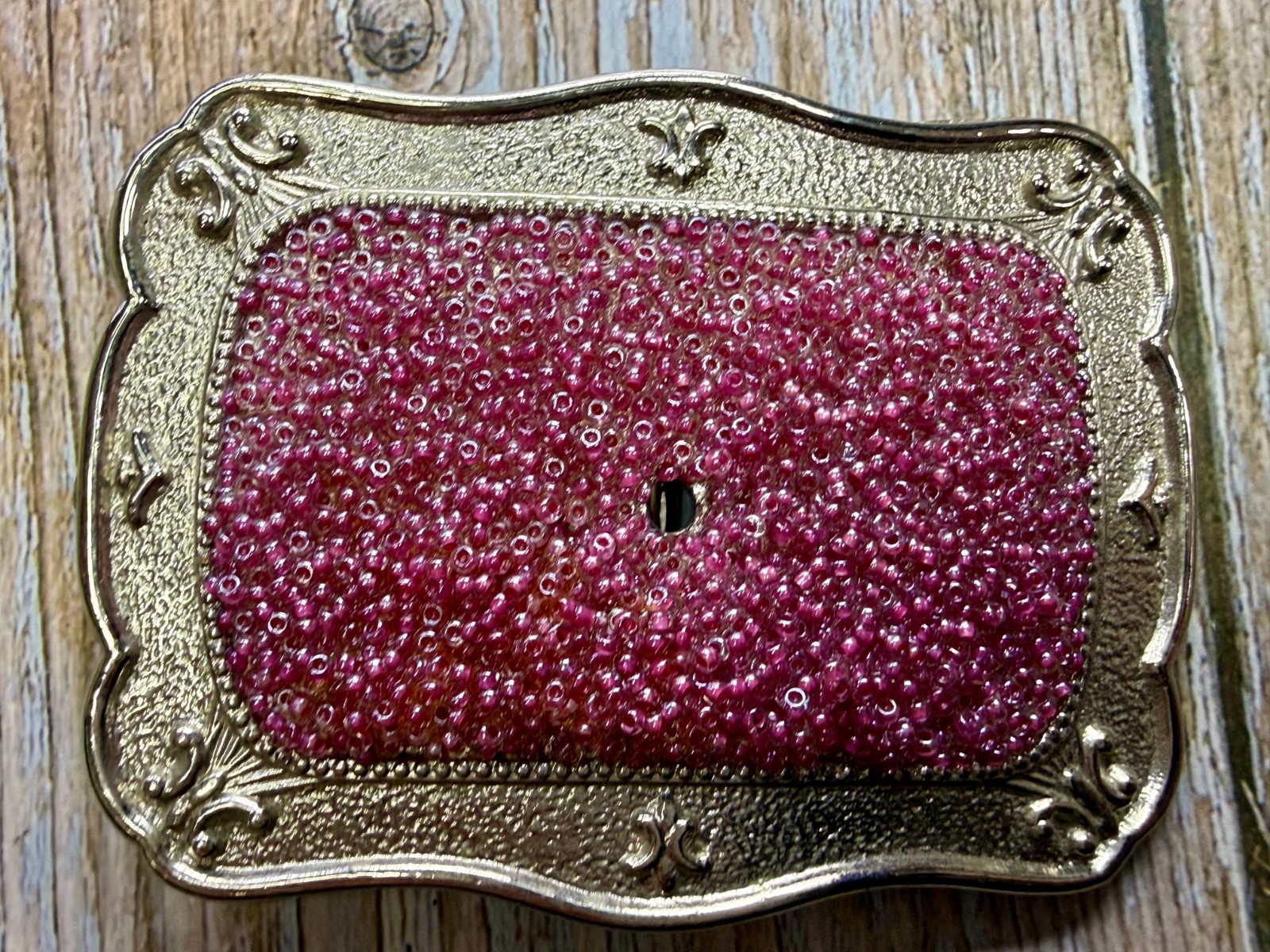 Rectangular Red Pink Bead Covered Belt Buckle Center Hole For Craft Or Project